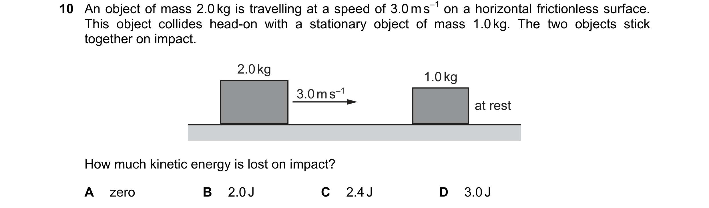 Question 214: An object of mass 2.0 kg is travelling at a speed of 3.0 m s–1 on a horizontal frictionless surface. This object collides head-on with a st…