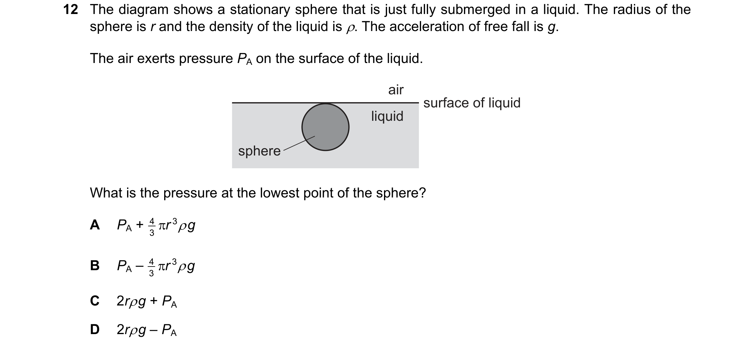 Question 192: The diagram shows a stationary sphere that is just fully submerged in a liquid. The radius of the sphere is r and the density of the liquid…