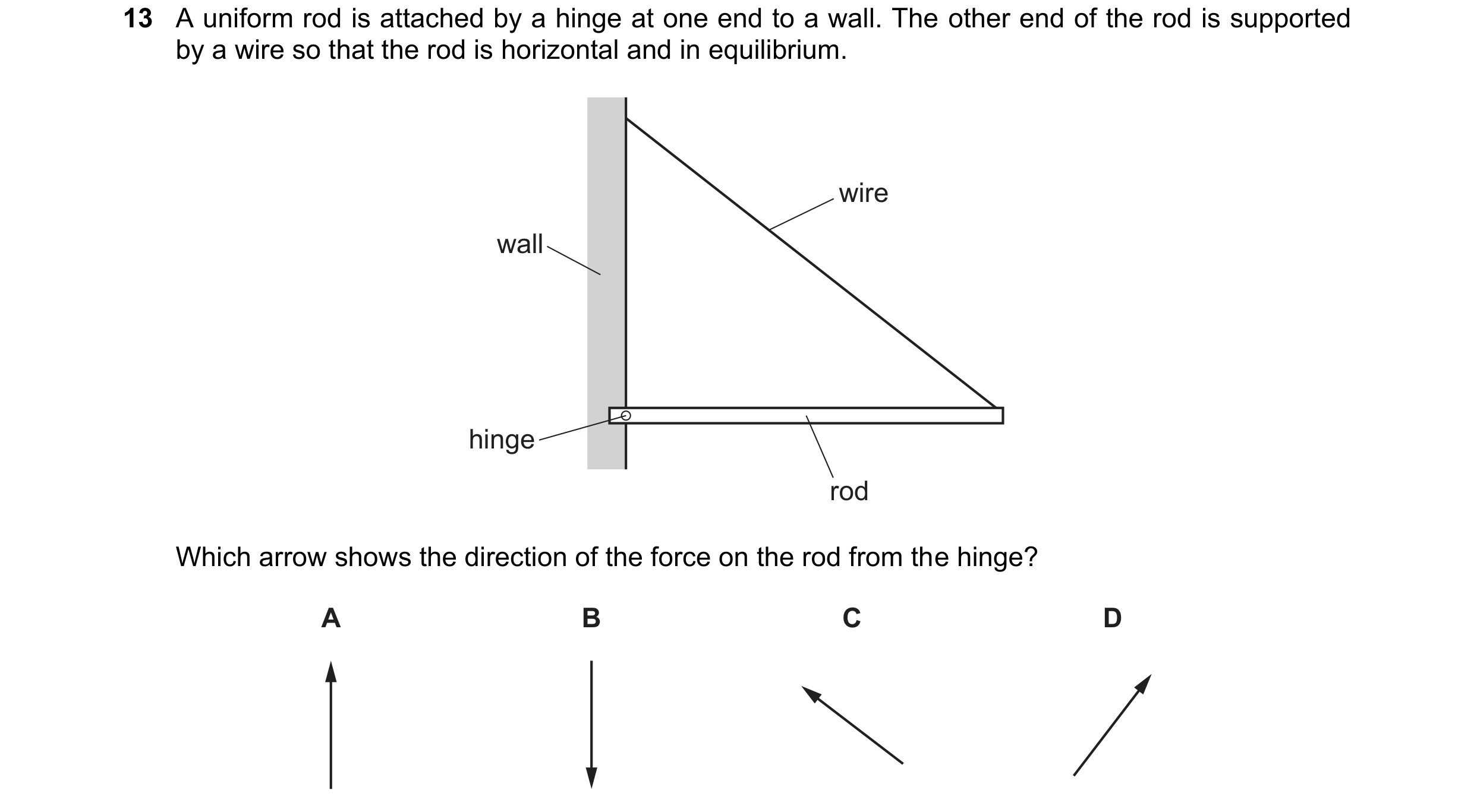 Question 163: A uniform rod is attached by a hinge at one end to a wall. The other end of the rod is supported by a wire so that the rod is horizontal an…