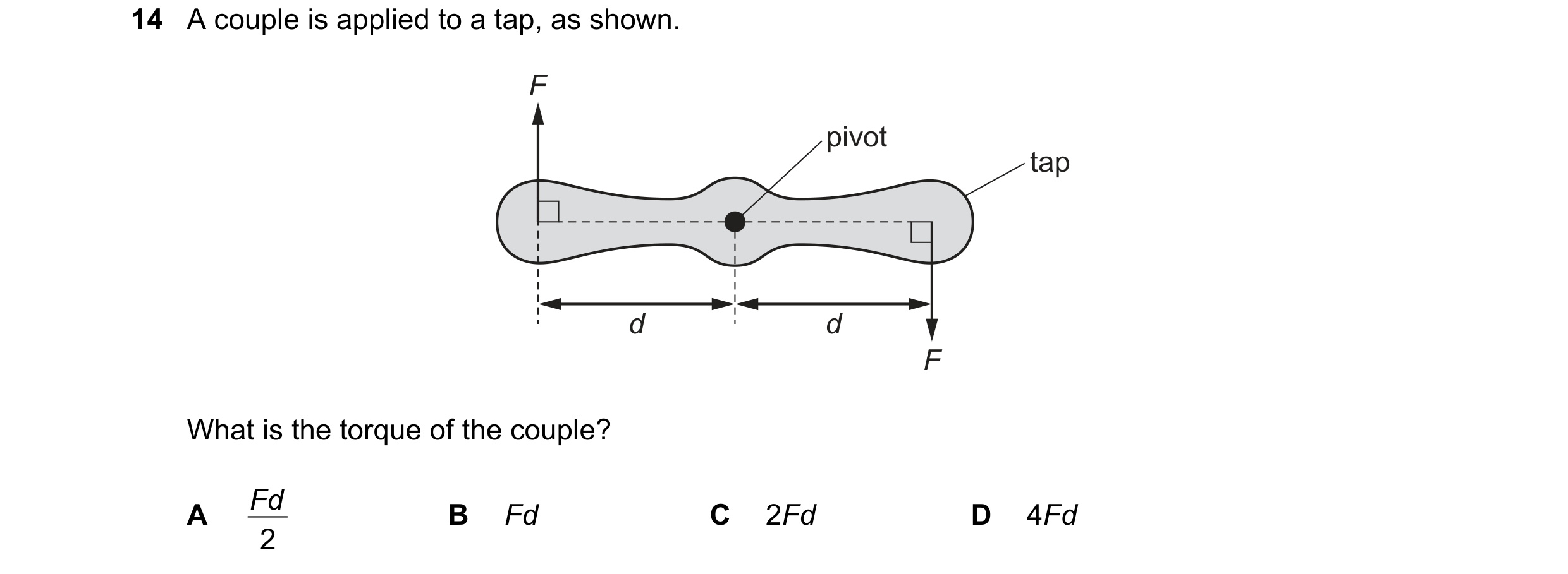 Question 155: A couple is applied to a tap, as shown. F pivot tap d d F What is the torque of the couple? Fd A B Fd C 2Fd D 4Fd 2