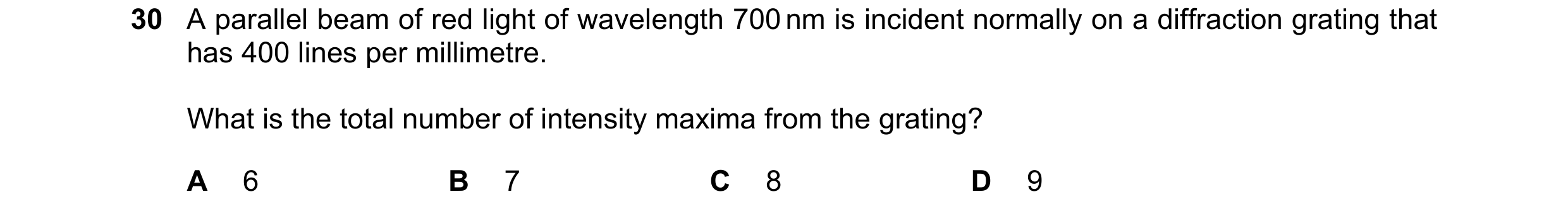 Question 81: A parallel beam of red light of wavelength 700 nm is incident normally on a diffraction grating that has 400 lines per millimetre. What is …