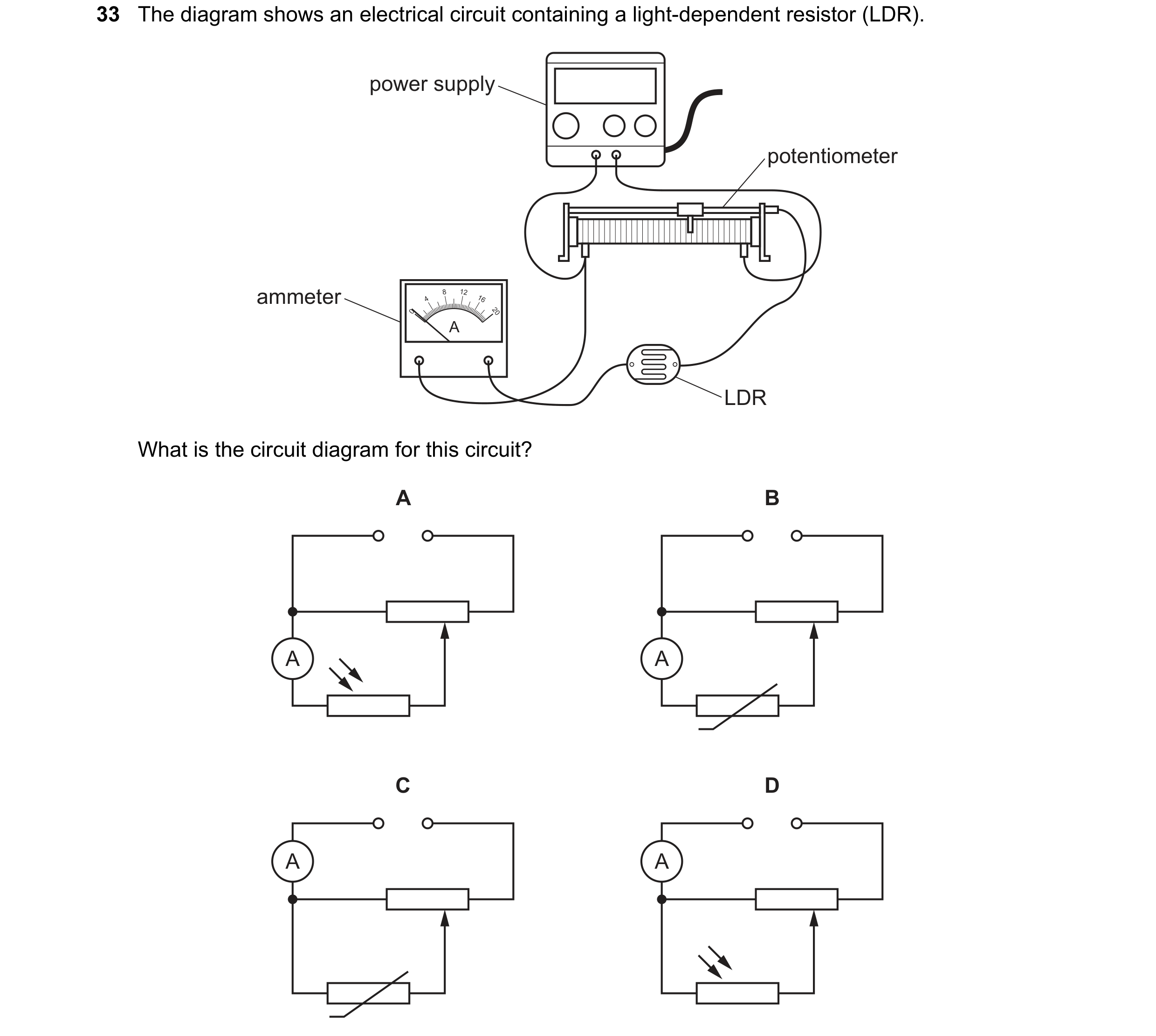 Question 231: The diagram shows an electrical circuit containing a light-dependent resistor (LDR). power supply potentiometer ammeter 4 8 12 16 0 20 A LD…