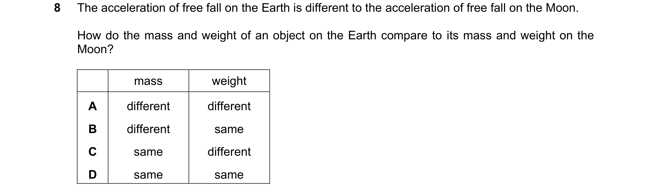 Question 96: The acceleration of free fall on the Earth is different to the acceleration of free fall on the Moon. How do the mass and weight of an obje…