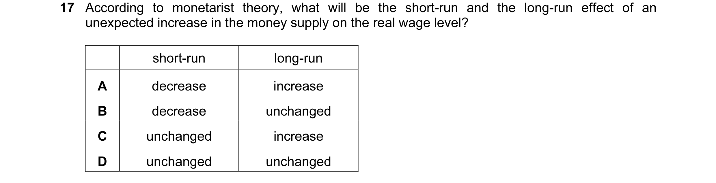 Question 15: According to monetarist theory, what will be the short-run and the long-run effect of an unexpected increase in the money supply on the rea…