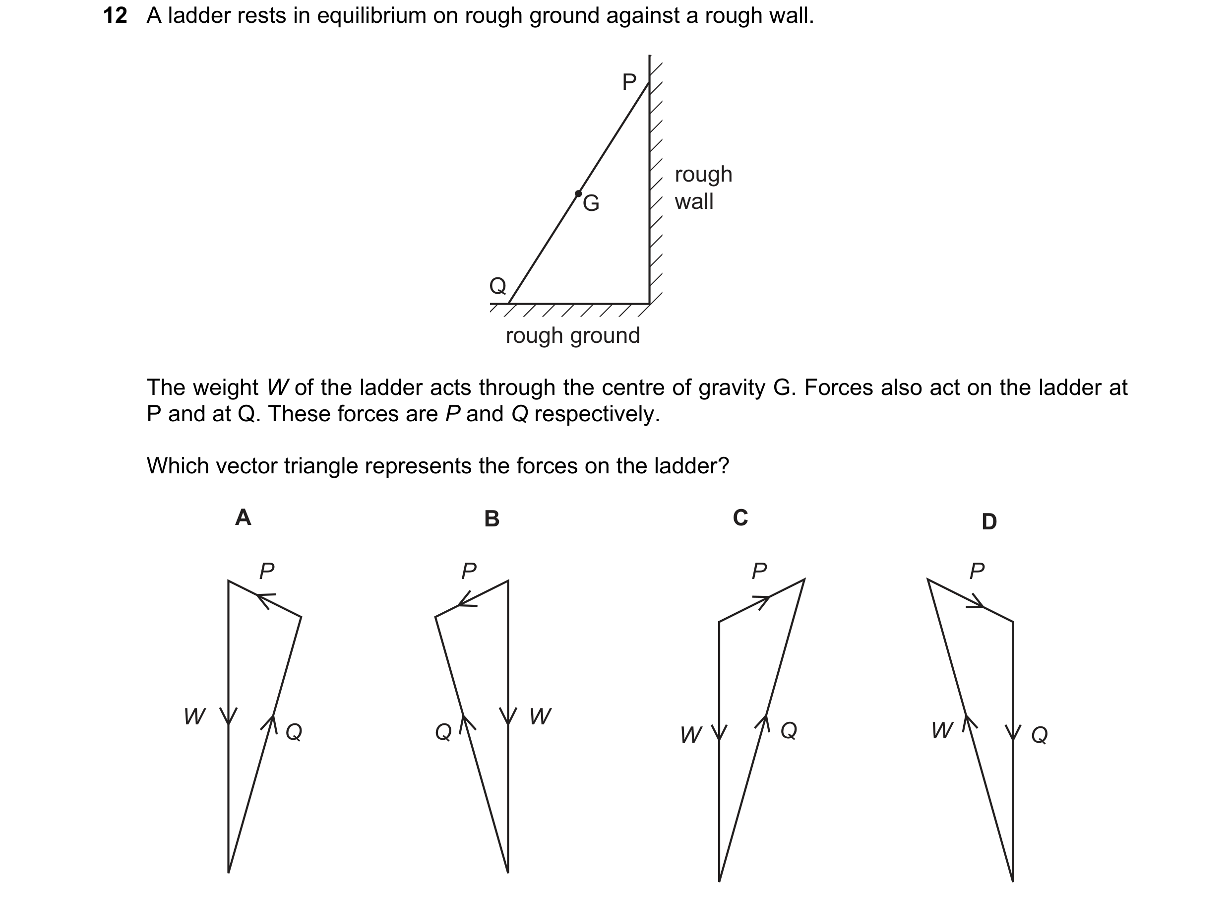 Question 90: A ladder rests in equilibrium on rough ground against a rough wall. P rough G wall Q rough ground The weight W of the ladder acts through t…