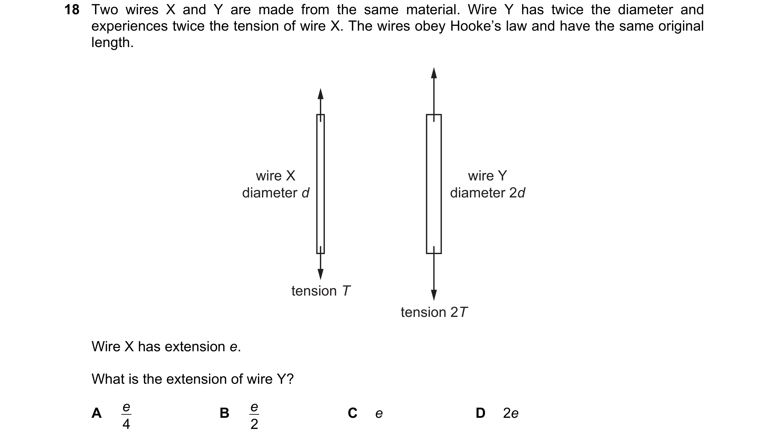 Question 85: Two wires X and Y are made from the same material. Wire Y has twice the diameter and experiences twice the tension of wire X. The wires obe…