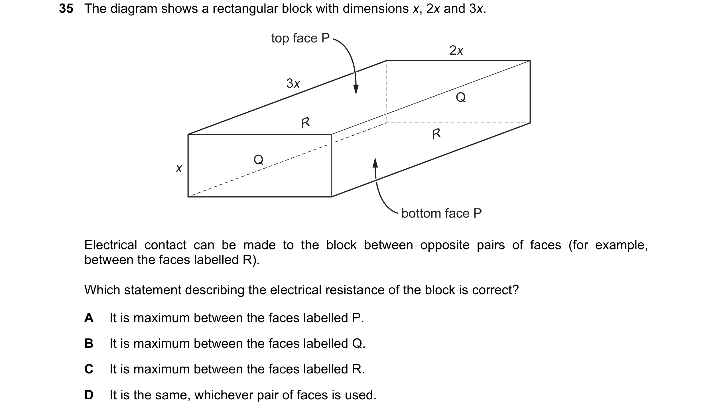 Question 102: The diagram shows a rectangular block with dimensions x, 2x and 3x. top face P 2x 3x Q R R x Q bottom face P Electrical contact can be made…