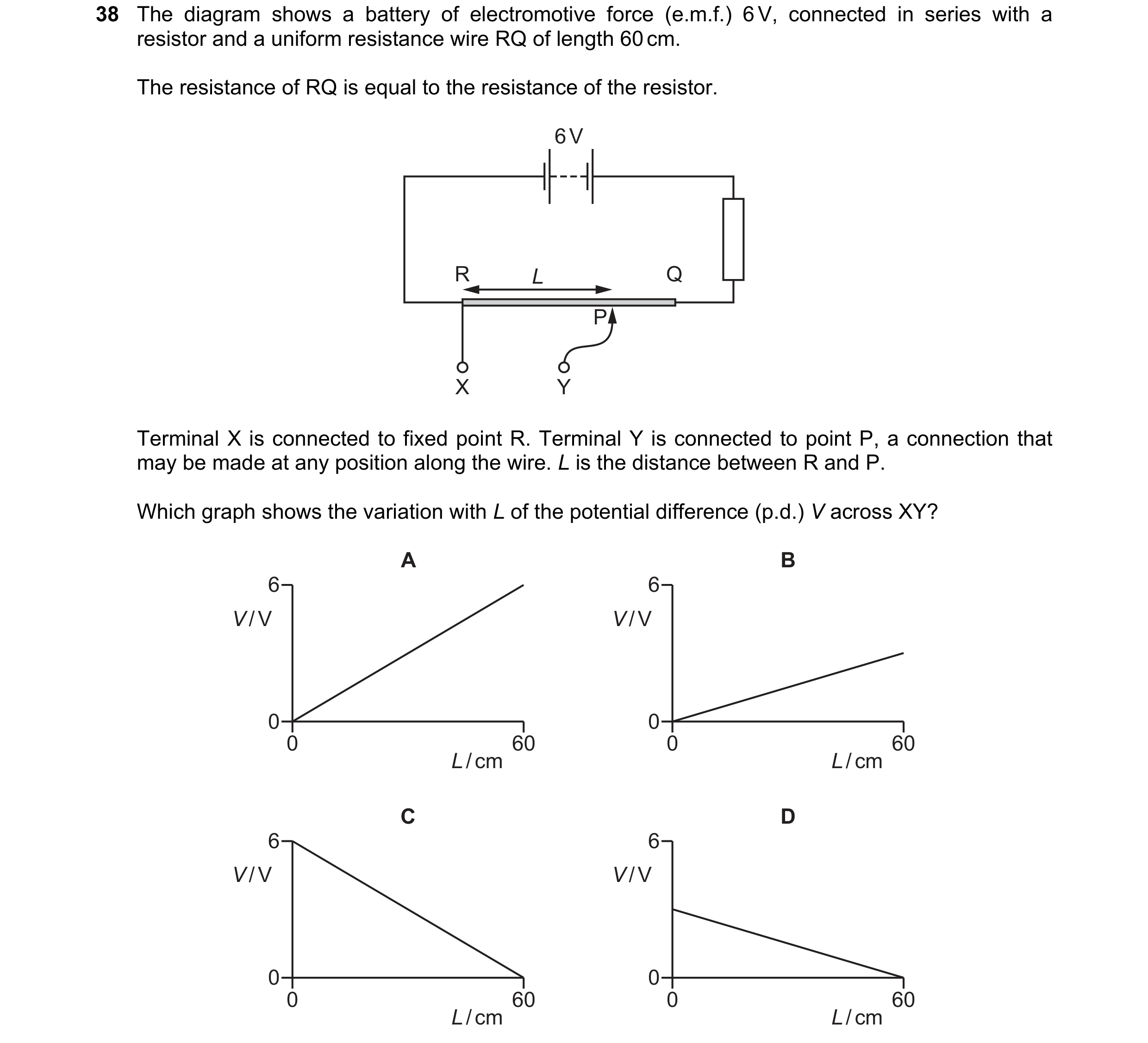 Question 72: The diagram shows a battery of electromotive force (e.m.f.) 6 V, connected in series with a resistor and a uniform resistance wire RQ of le…