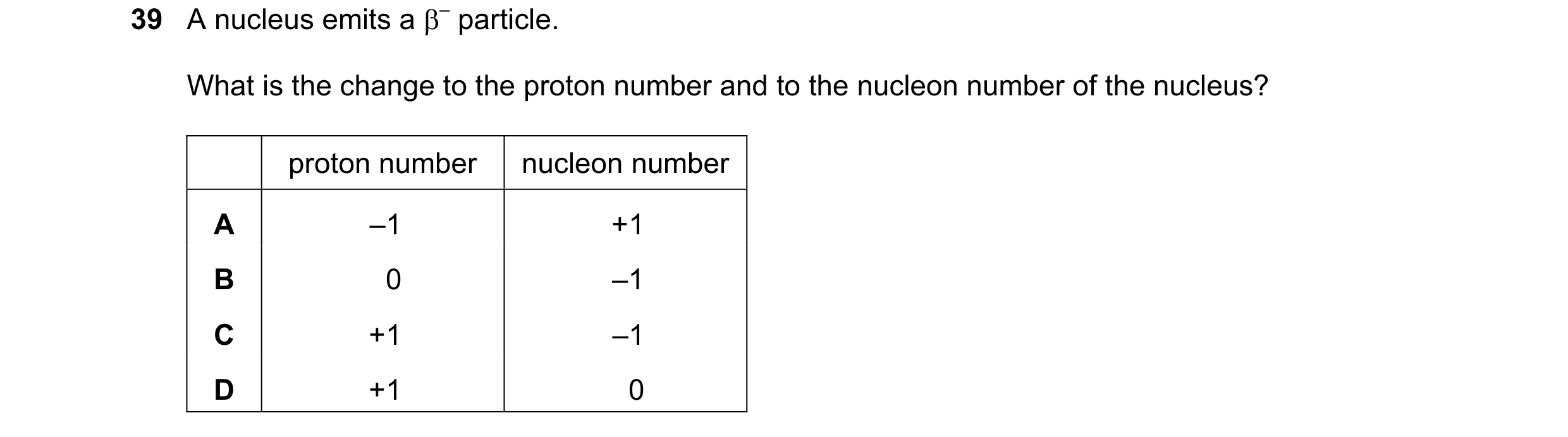 Question 52: A nucleus emits a β– particle. What is the change to the proton number and to the nucleon number of the nucleus? proton number nucleon numb…