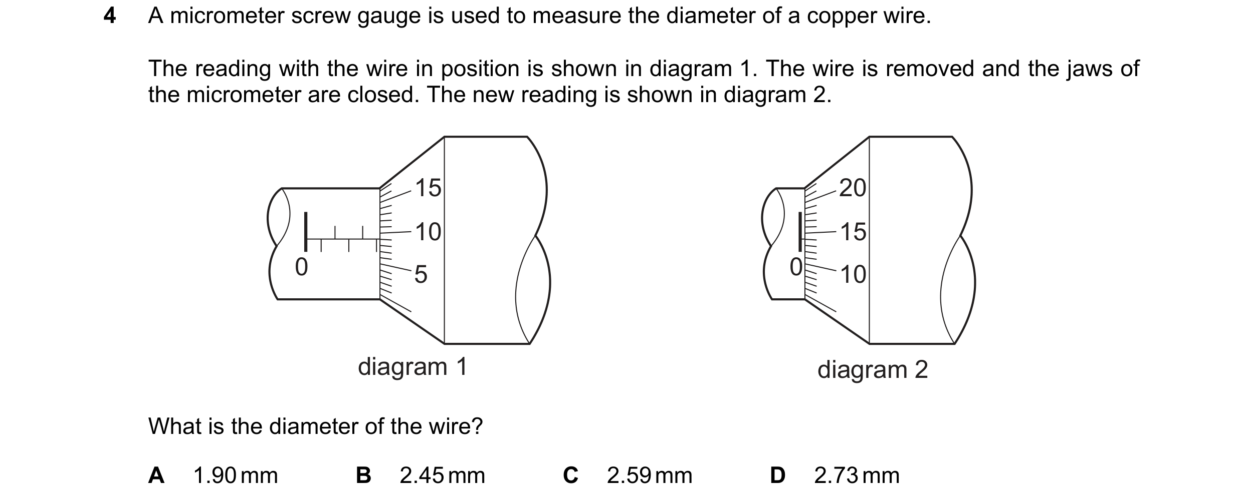 Question 93: A micrometer screw gauge is used to measure the diameter of a copper wire. The reading with the wire in position is shown in diagram 1. The…