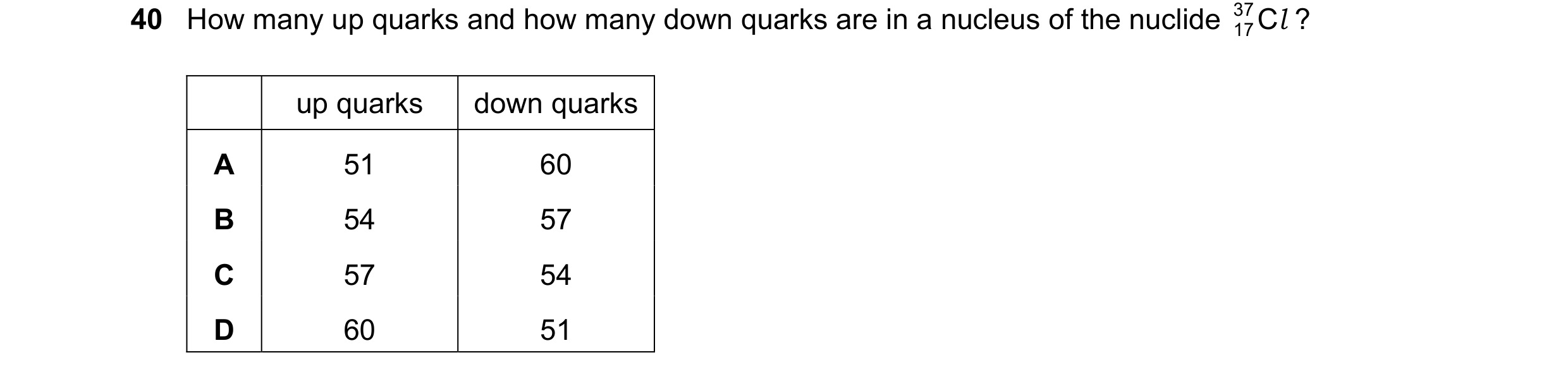 Question 21: How many up quarks and how many down quarks are in a nucleus of the nuclide 37 C l ? 17 up quarks down quarks A 51 60 B 54 57 C 57 54 D 60 …