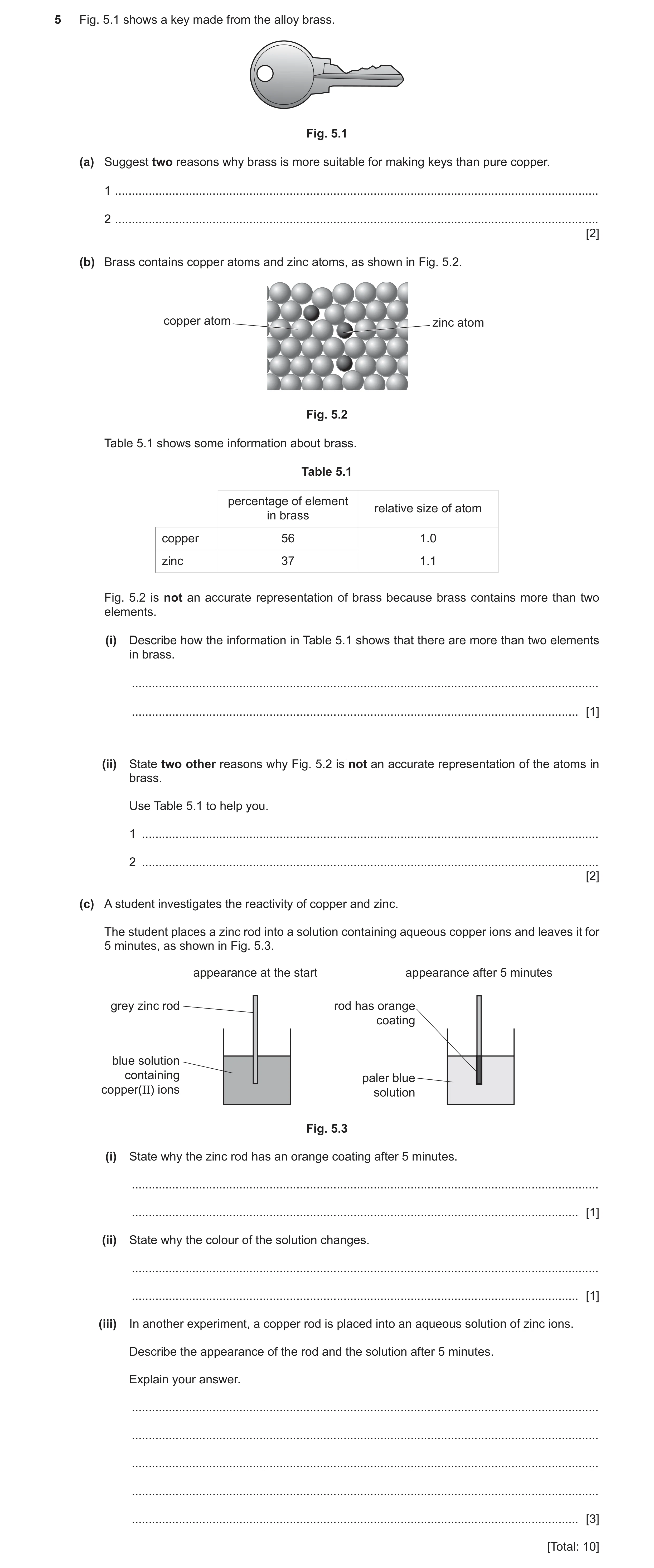 Question 13: Fig. 5.1 shows a key made from the alloy brass. Fig. 5.1 (a) Suggest two reasons why brass is more suitable for making keys than pure coppe…