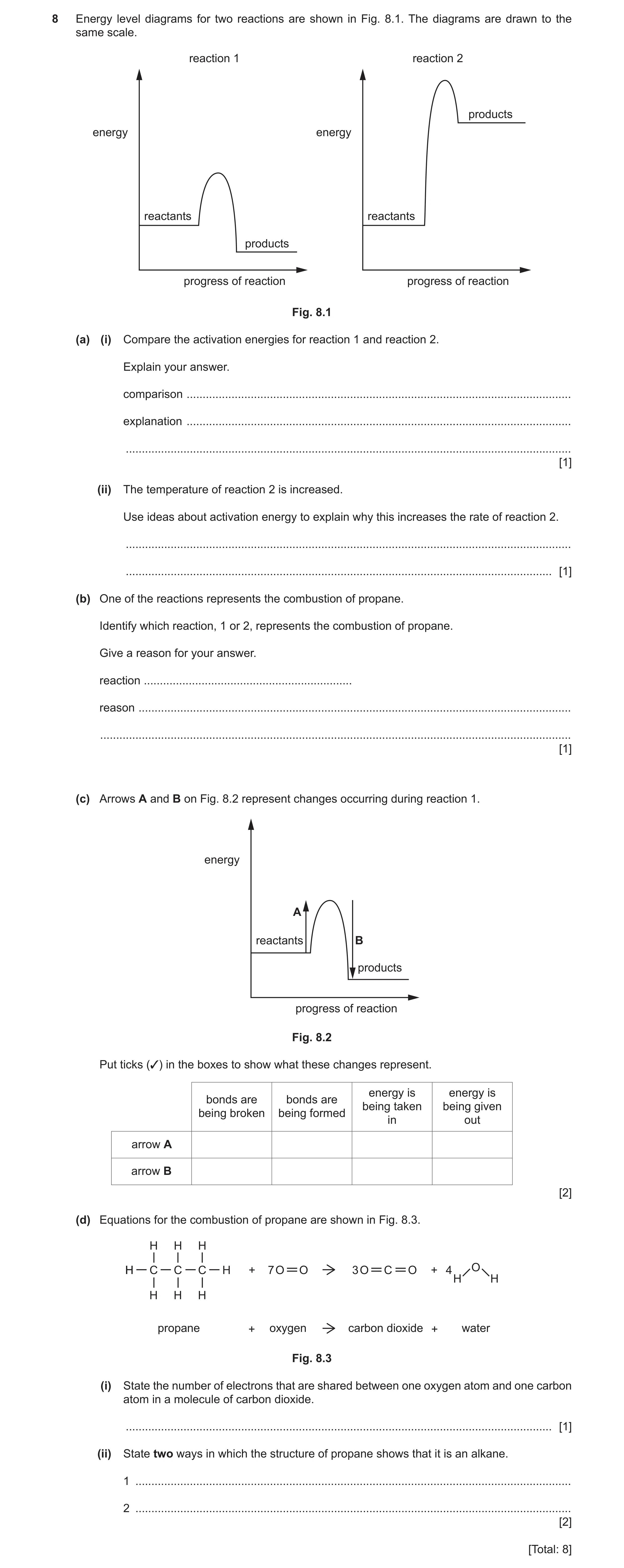 Question 12: Energy level diagrams for two reactions are shown in Fig. 8.1. The diagrams are drawn to the same scale. reaction 1 reaction 2 products ene…