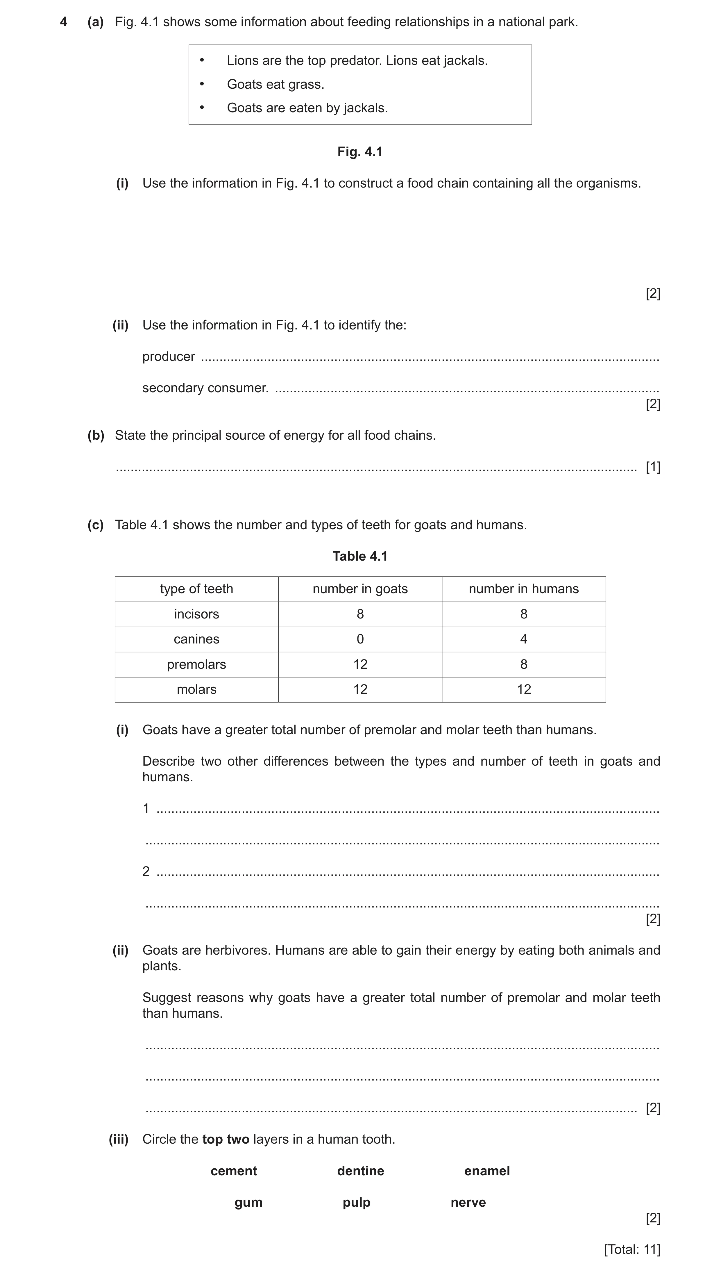 Question 9: (a) Fig. 4.1 shows some information about feeding relationships in a national park. • Lions are the top predator. Lions eat jackals. • Goat…
