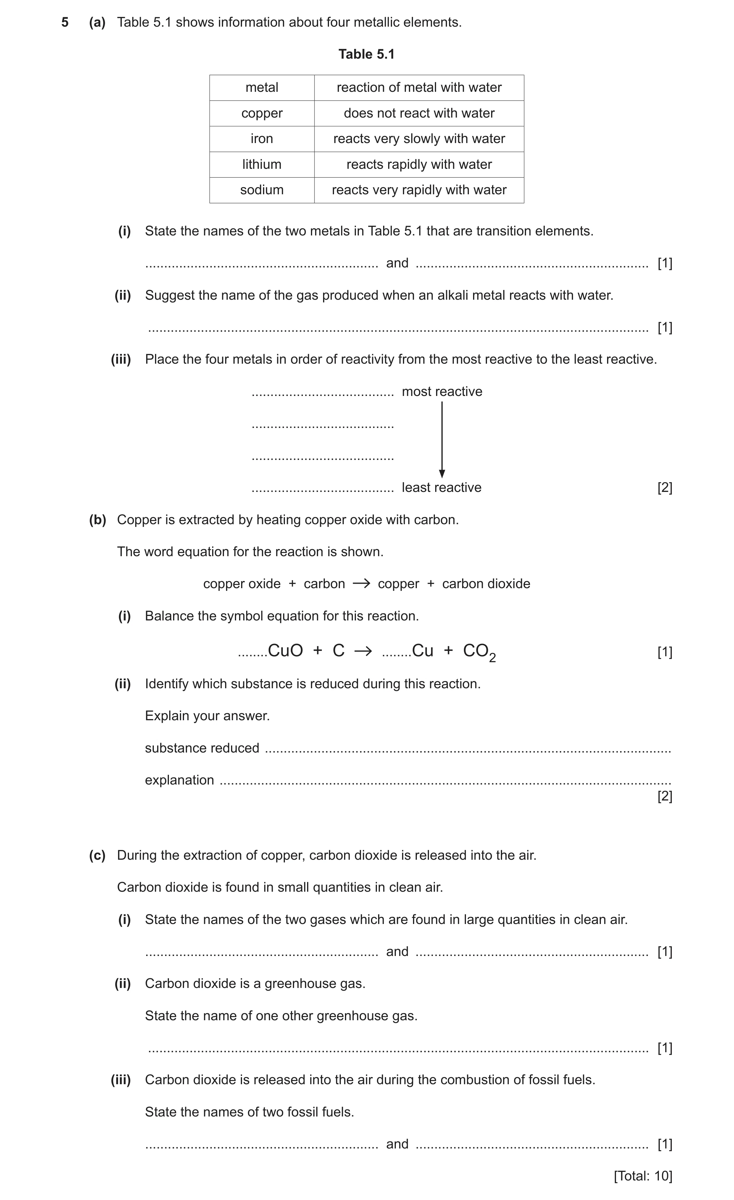 Question 8: (a) Table 5.1 shows information about four metallic elements. Table 5.1 metal reaction of metal with water copper does not react with water…