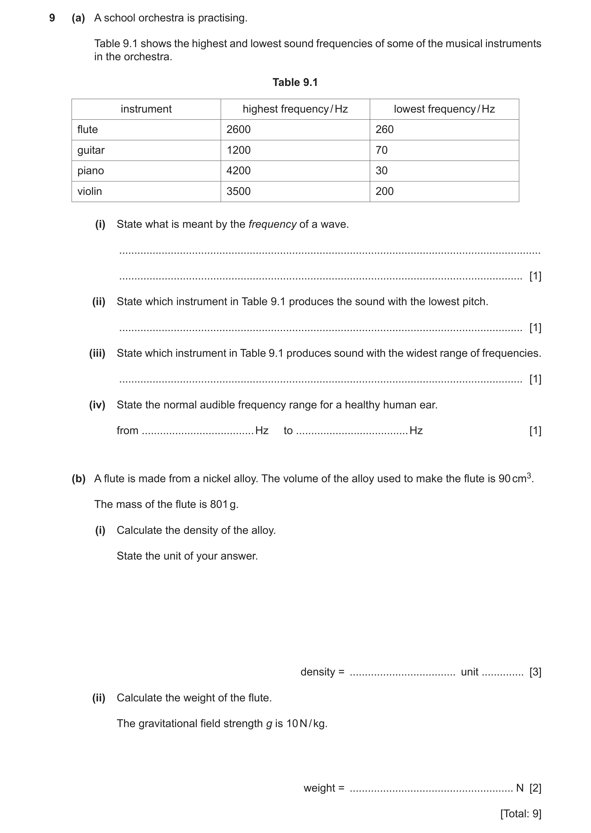 Question 9: (a) A school orchestra is practising. Table 9.1 shows the highest and lowest sound frequencies of some of the musical instruments in the or…