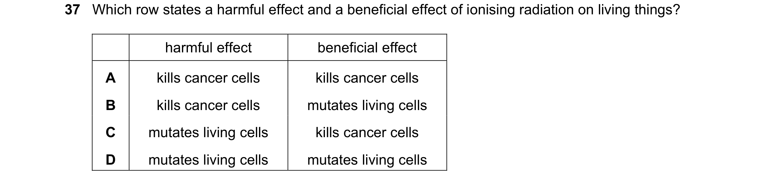 Question 26: Which row states a harmful effect and a beneficial effect of ionising radiation on living things? harmful effect beneficial effect A kills …