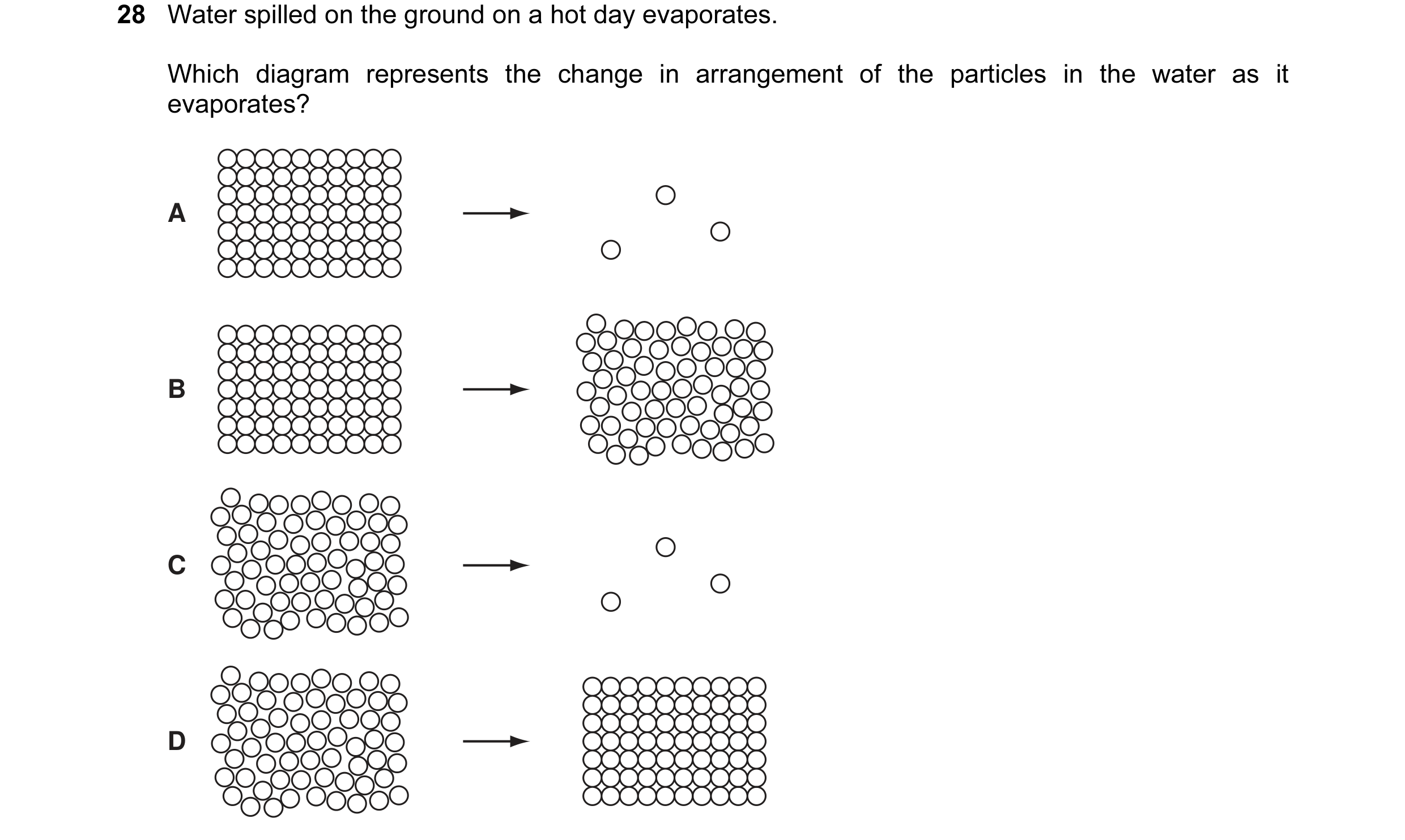Question 3: Water spilled on the ground on a hot day evaporates. Which diagram represents the change in arrangement of the particles in the water as it…