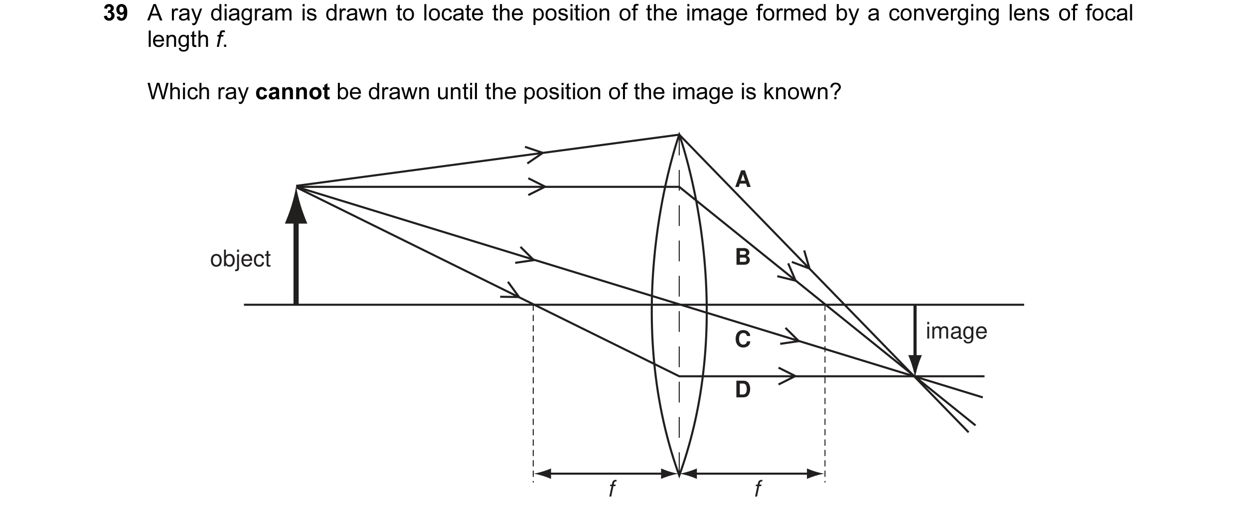 Question 11: A ray diagram is drawn to locate the position of the image formed by a converging lens of focal length f. Which ray cannot be drawn until t…