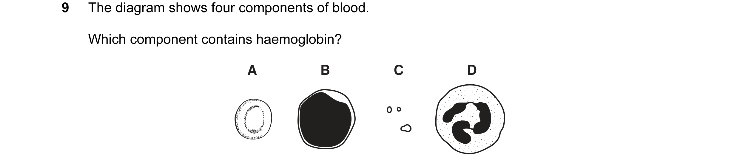Question 4: The diagram shows four components of blood. Which component contains haemoglobin? A B C D