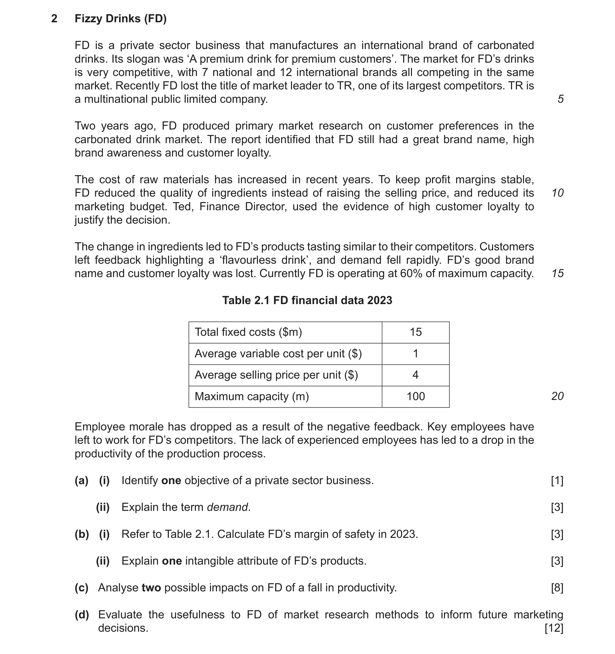 Question 16: Fizzy Drinks (FD) FD is a private sector business that manufactures an international brand of carbonated drinks. Its slogan was ‘A premium …