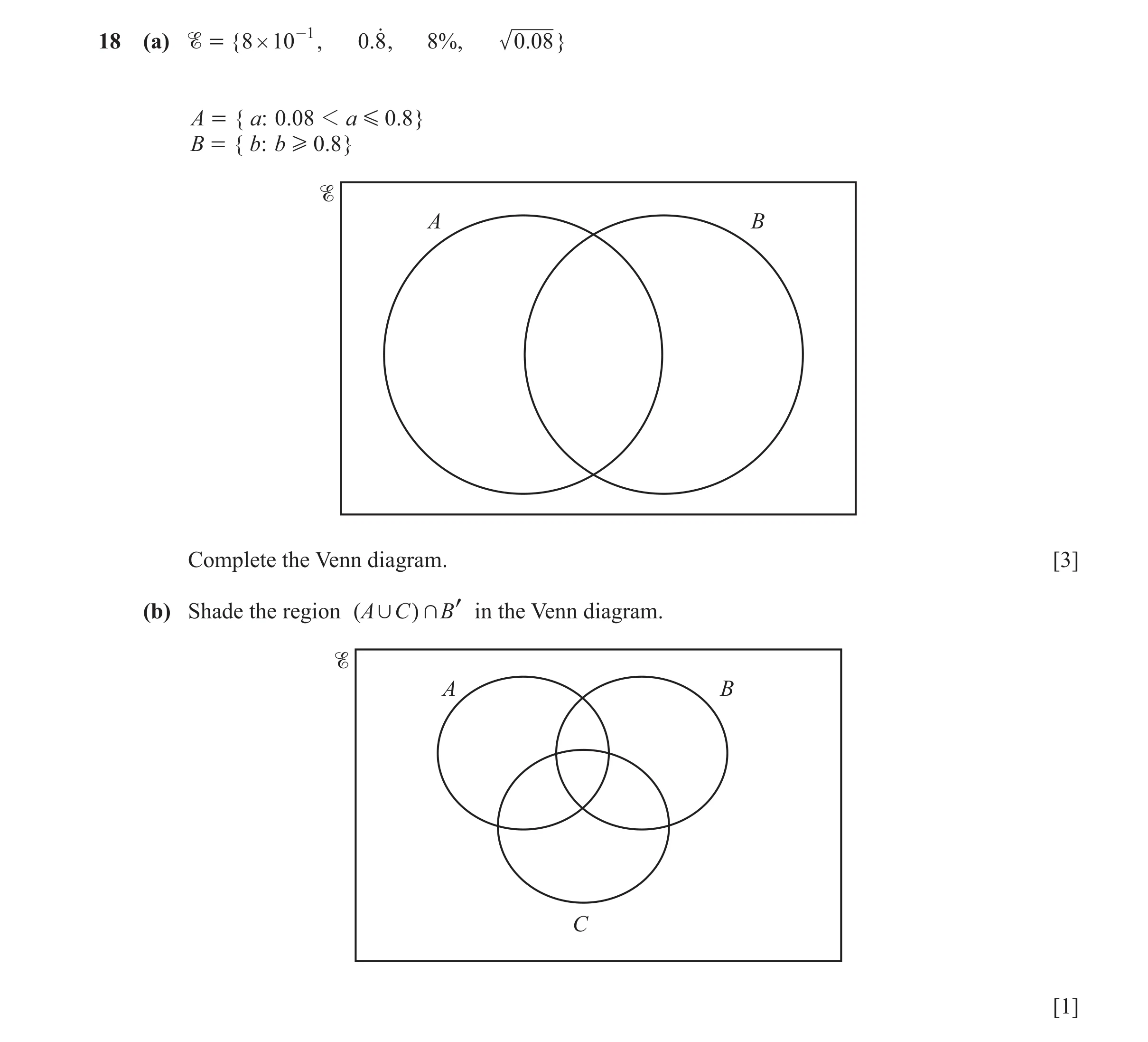 Question 58: (a) % = {8 # 10 -1 , .08o , 8%, .008} A = { a: 0.08 1 a G 0.8 } B = { b: b H 0.8 } % A B Complete the Venn diagram. [3] (b) Shade the regio…