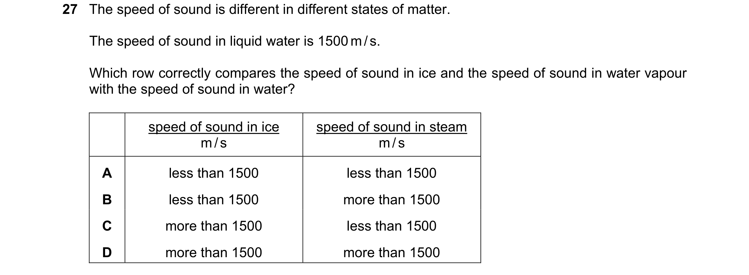 Question 61: The speed of sound is different in different states of matter. The speed of sound in liquid water is 1500 m / s. Which row correctly compar…