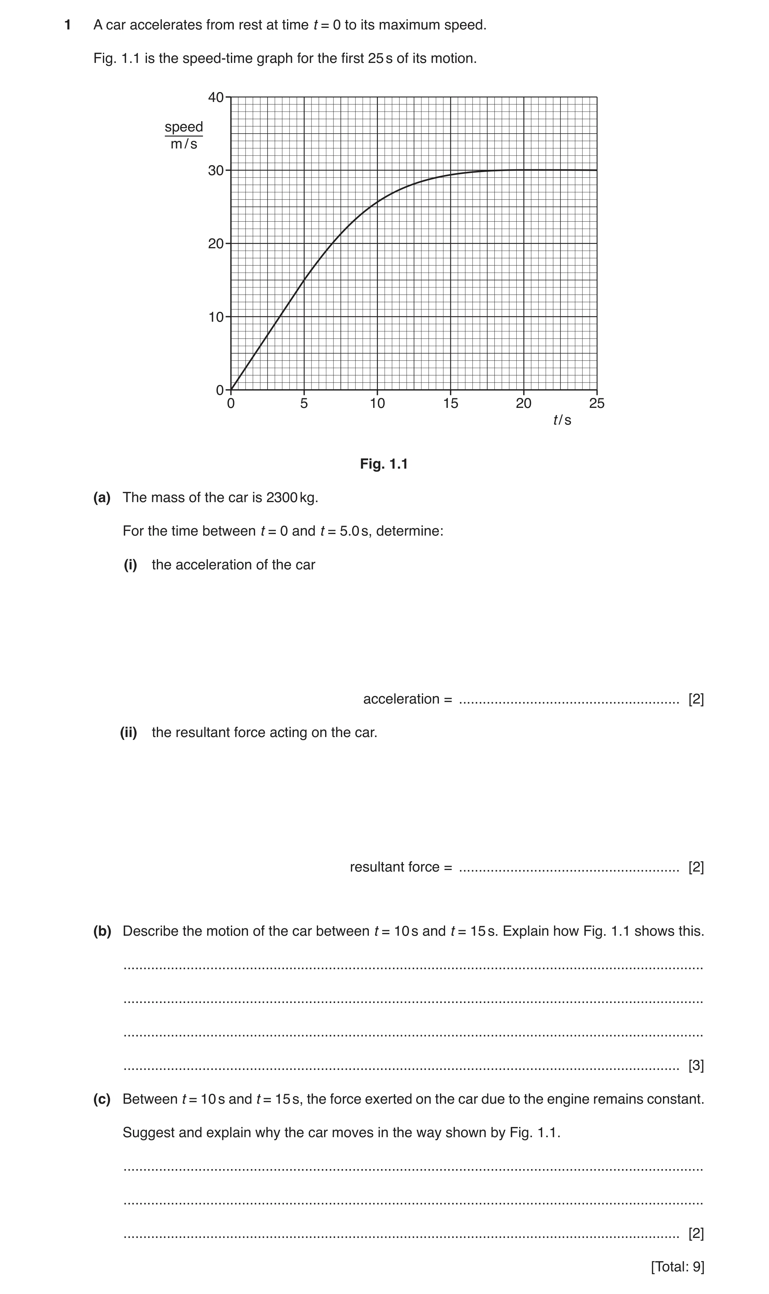Question 18: A car accelerates from rest at time t = 0 to its maximum speed. Fig. 1.1 is the speed-time graph for the first 25 s of its motion. 40 speed…