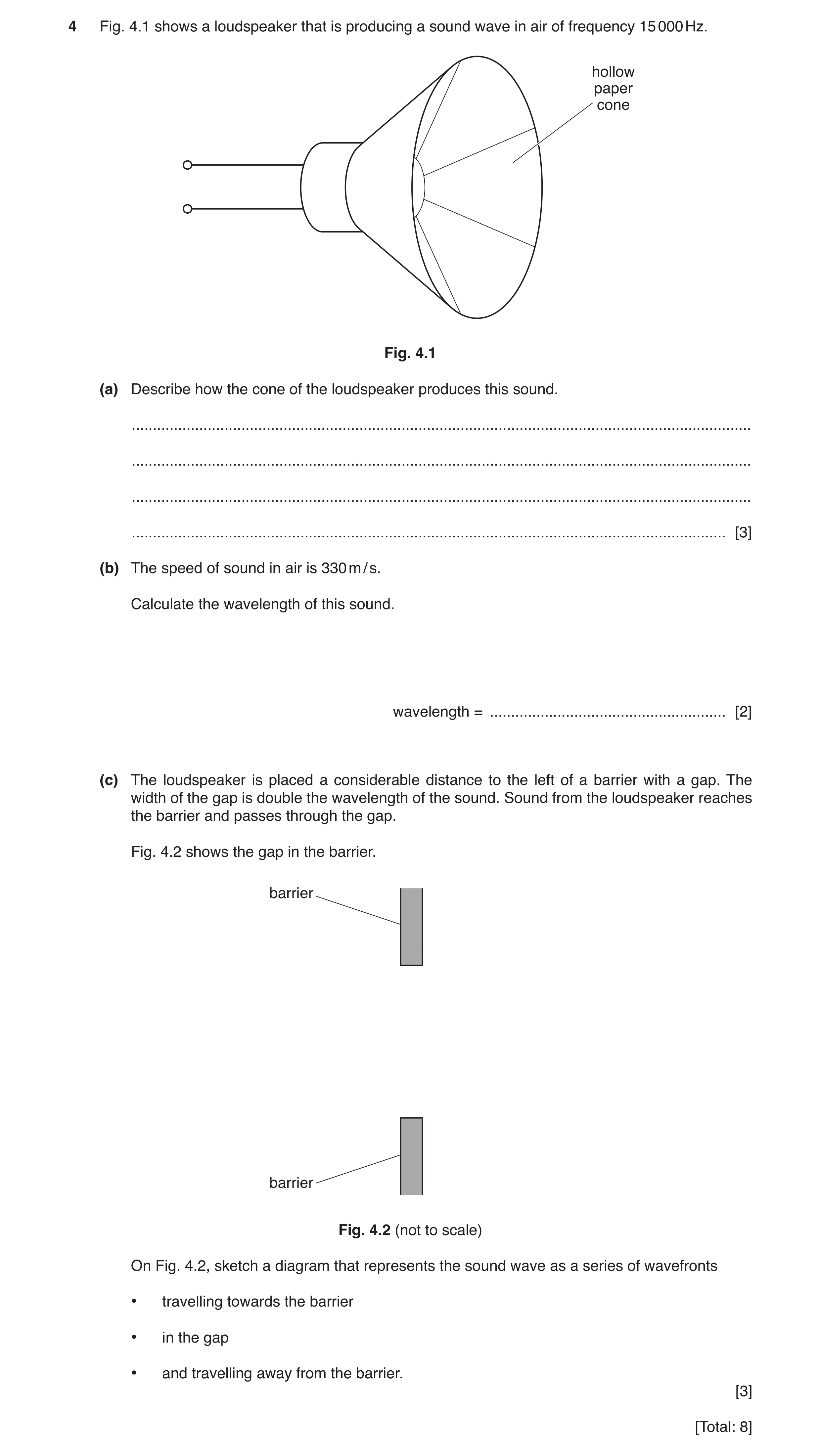 Question 10: Fig. 4.1 shows a loudspeaker that is producing a sound wave in air of frequency 15 000 Hz. hollow paper cone Fig. 4.1 (a) Describe how the …