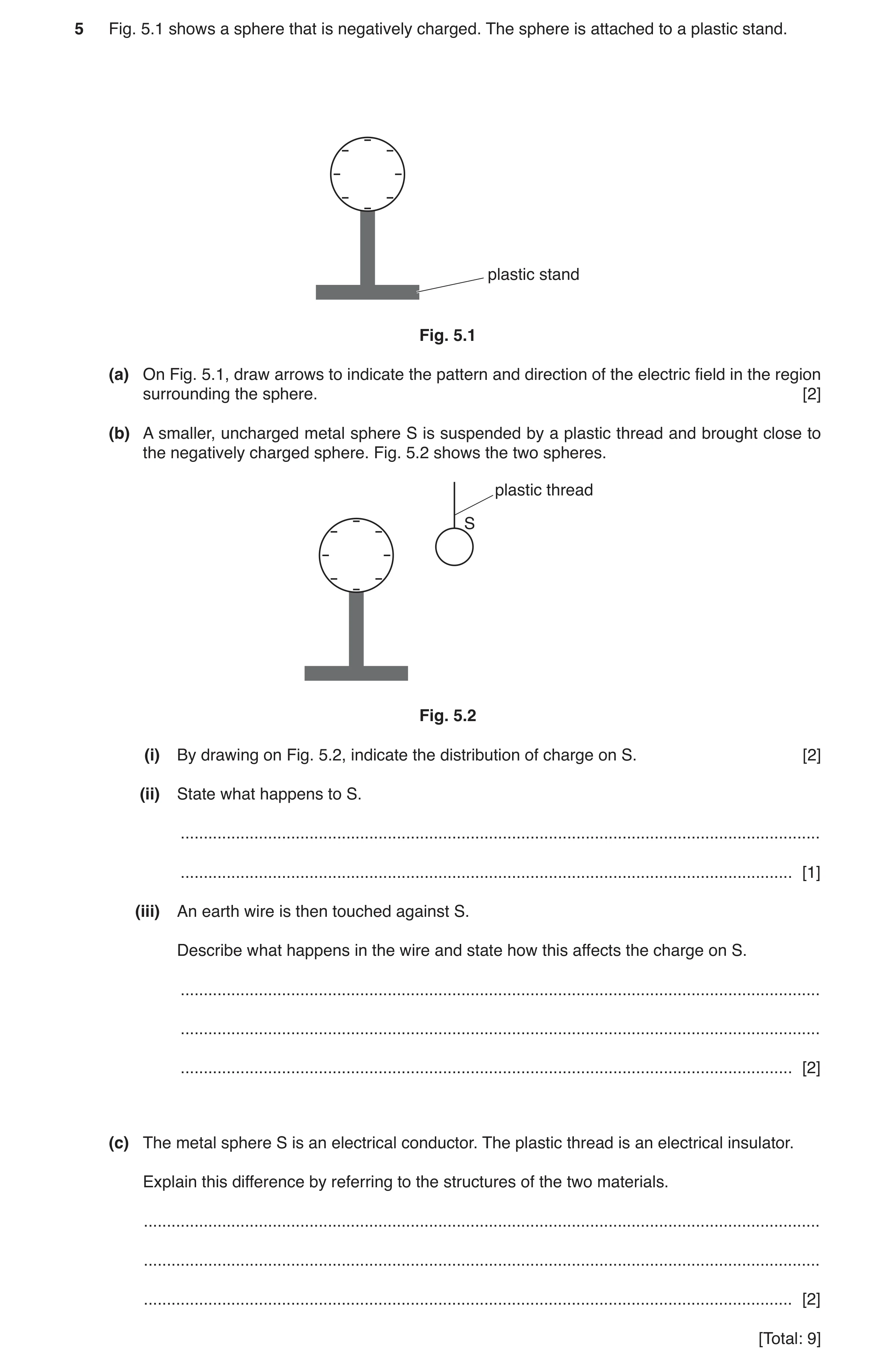 Question 15: Fig. 5.1 shows a sphere that is negatively charged. The sphere is attached to a plastic stand. plastic stand Fig. 5.1 (a) On Fig. 5.1, draw…