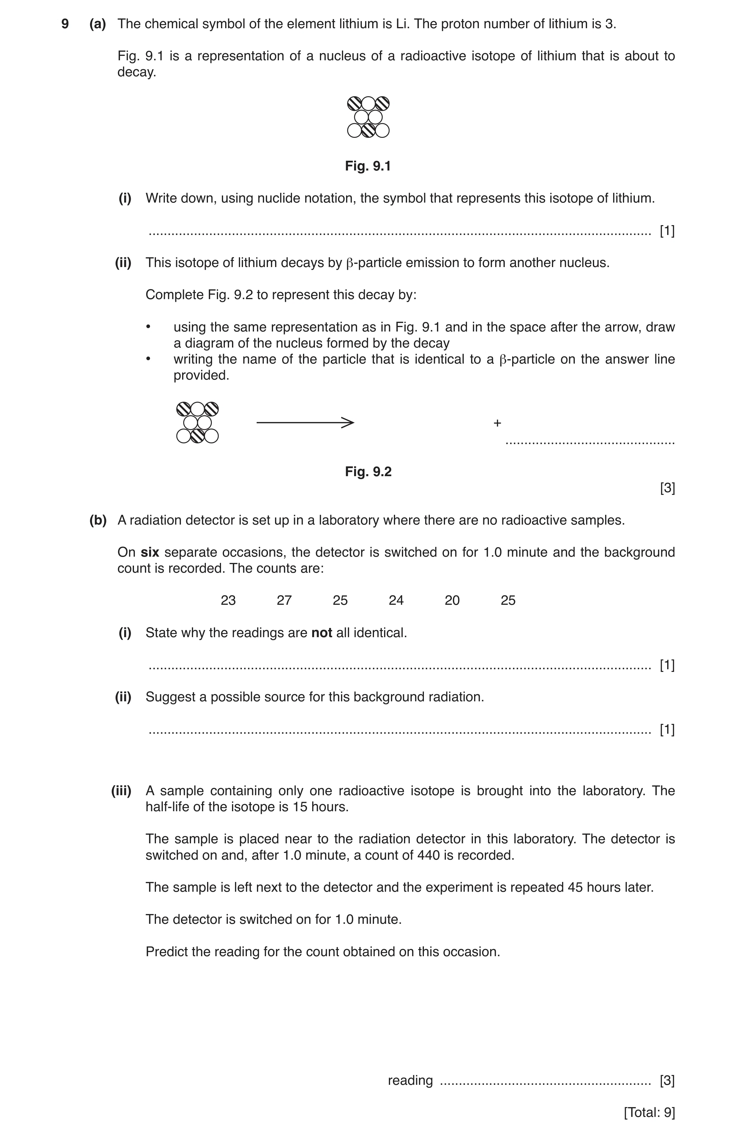Question 26: (a) The chemical symbol of the element lithium is Li. The proton number of lithium is 3. Fig. 9.1 is a representation of a nucleus of a rad…