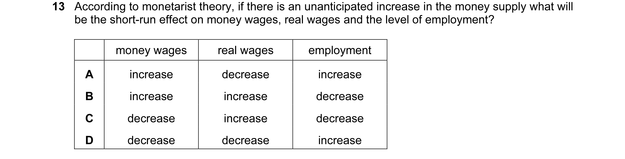 Question 24: According to monetarist theory, if there is an unanticipated increase in the money supply what will be the short-run effect on money wages,…