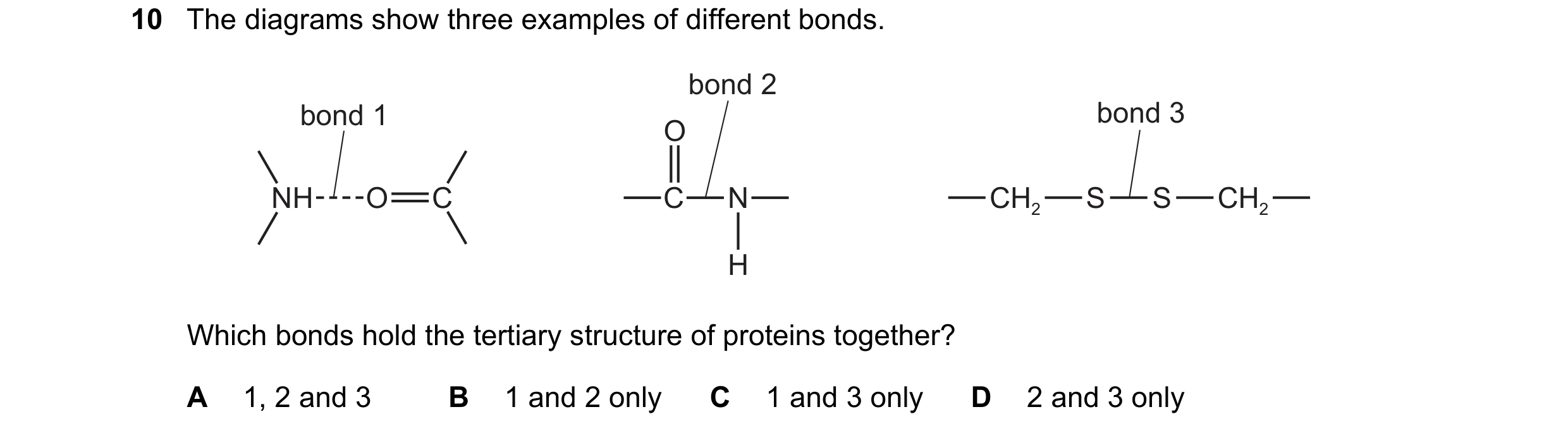 Question 186: The diagrams show three examples of different bonds. bond 2 bond 1 bond 3 O NH O C C N CH2 S S CH2 H Which bonds hold the tertiary structur…