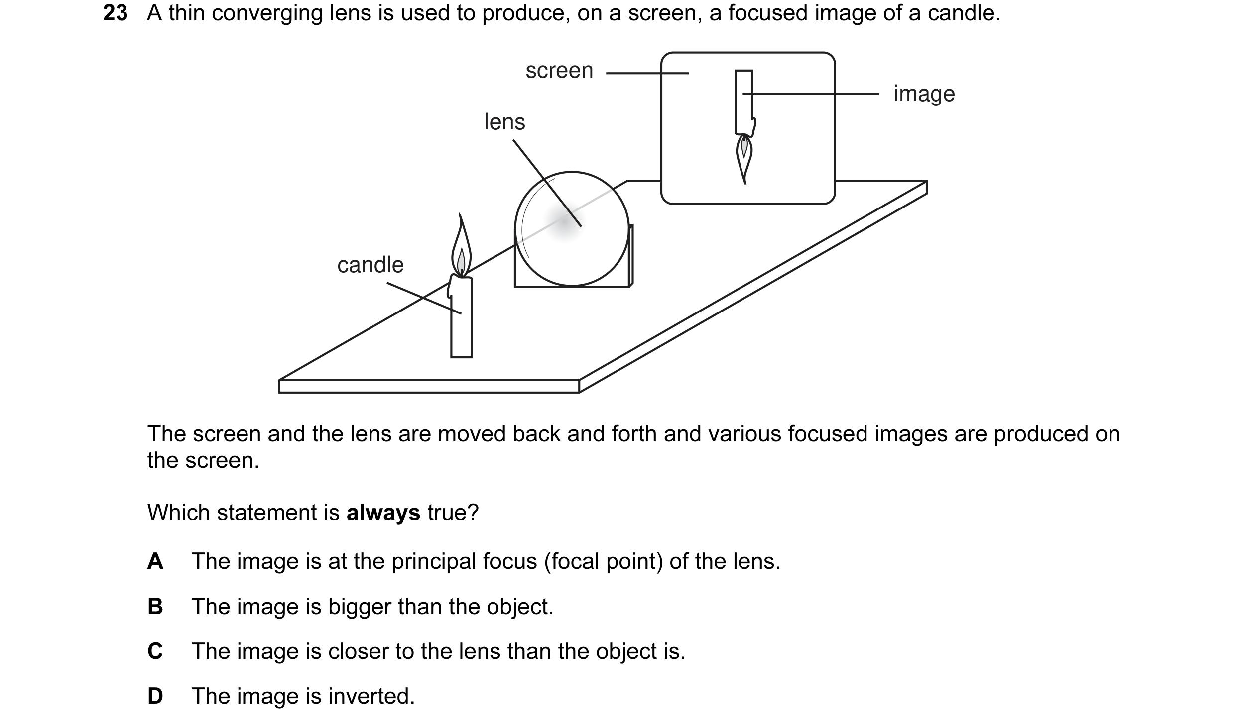 Question 5: A thin converging lens is used to produce, on a screen, a focused image of a candle. screen image lens candle The screen and the lens are m…