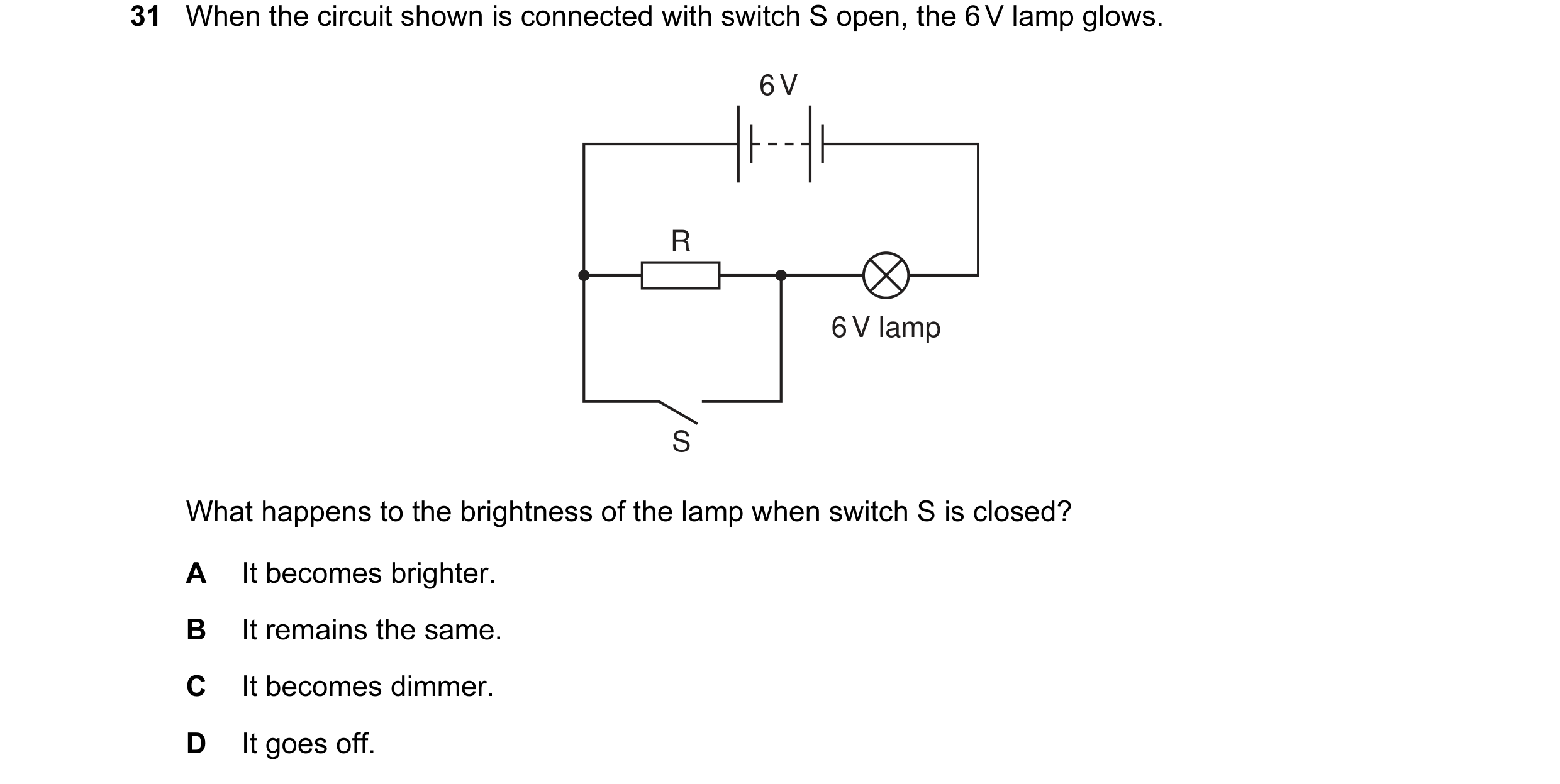 Question 8: When the circuit shown is connected with switch S open, the 6 V lamp glows. 6 V R 6 V lamp S What happens to the brightness of the lamp whe…