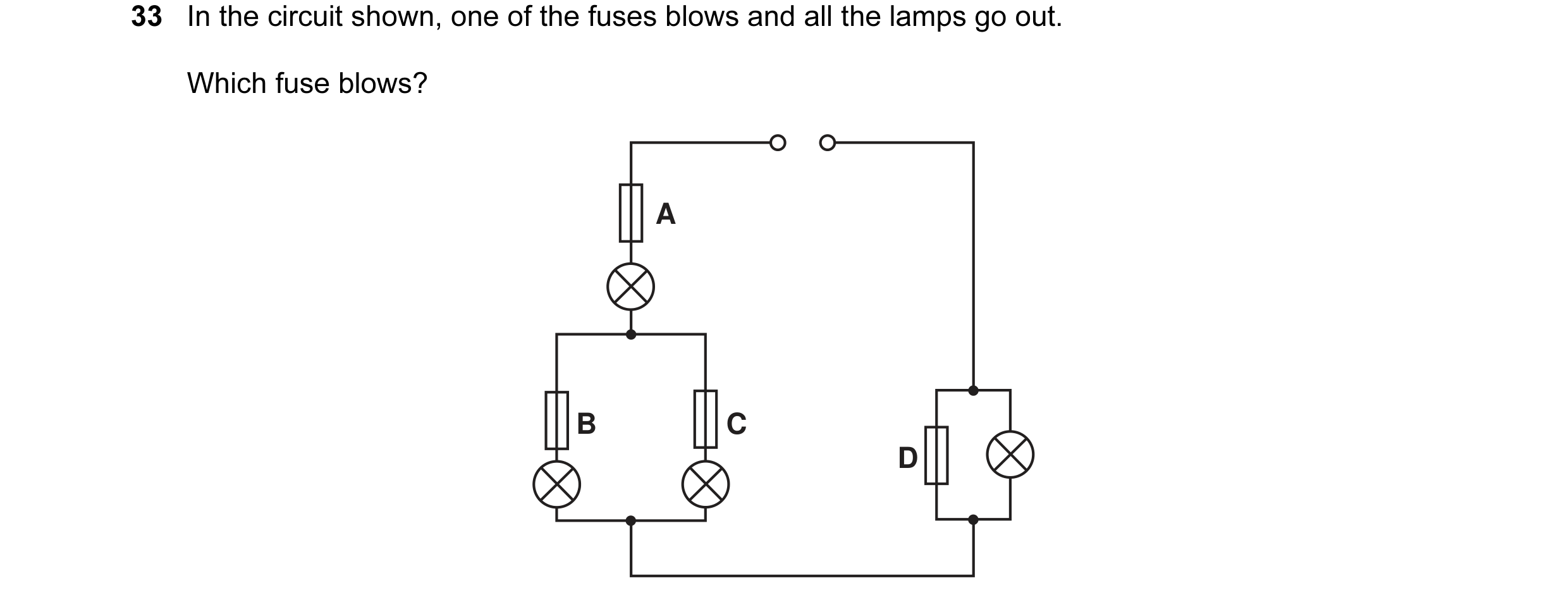 Question 3: In the circuit shown, one of the fuses blows and all the lamps go out. Which fuse blows? A B C D