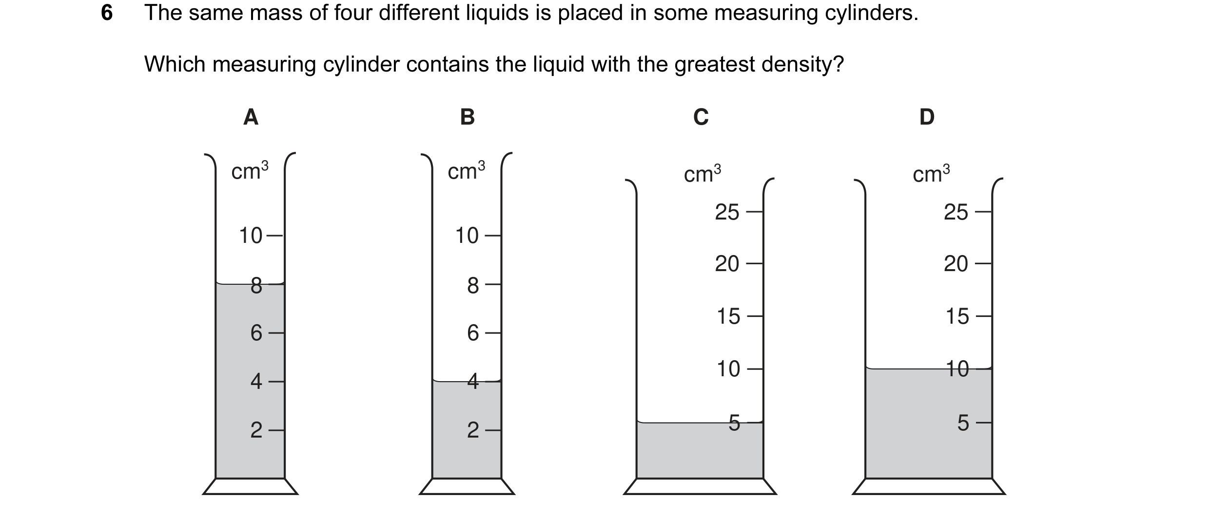Question 2: The same mass of four different liquids is placed in some measuring cylinders. Which measuring cylinder contains the liquid with the greate…