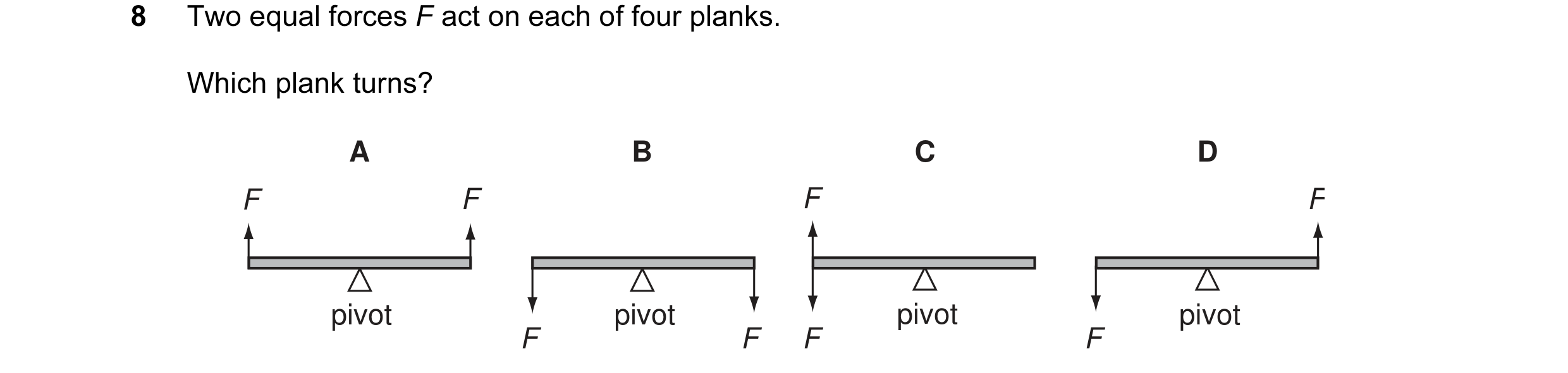 Question 7: Two equal forces F act on each of four planks. Which plank turns? A B C D F F F F pivot pivot pivot pivot F F F F