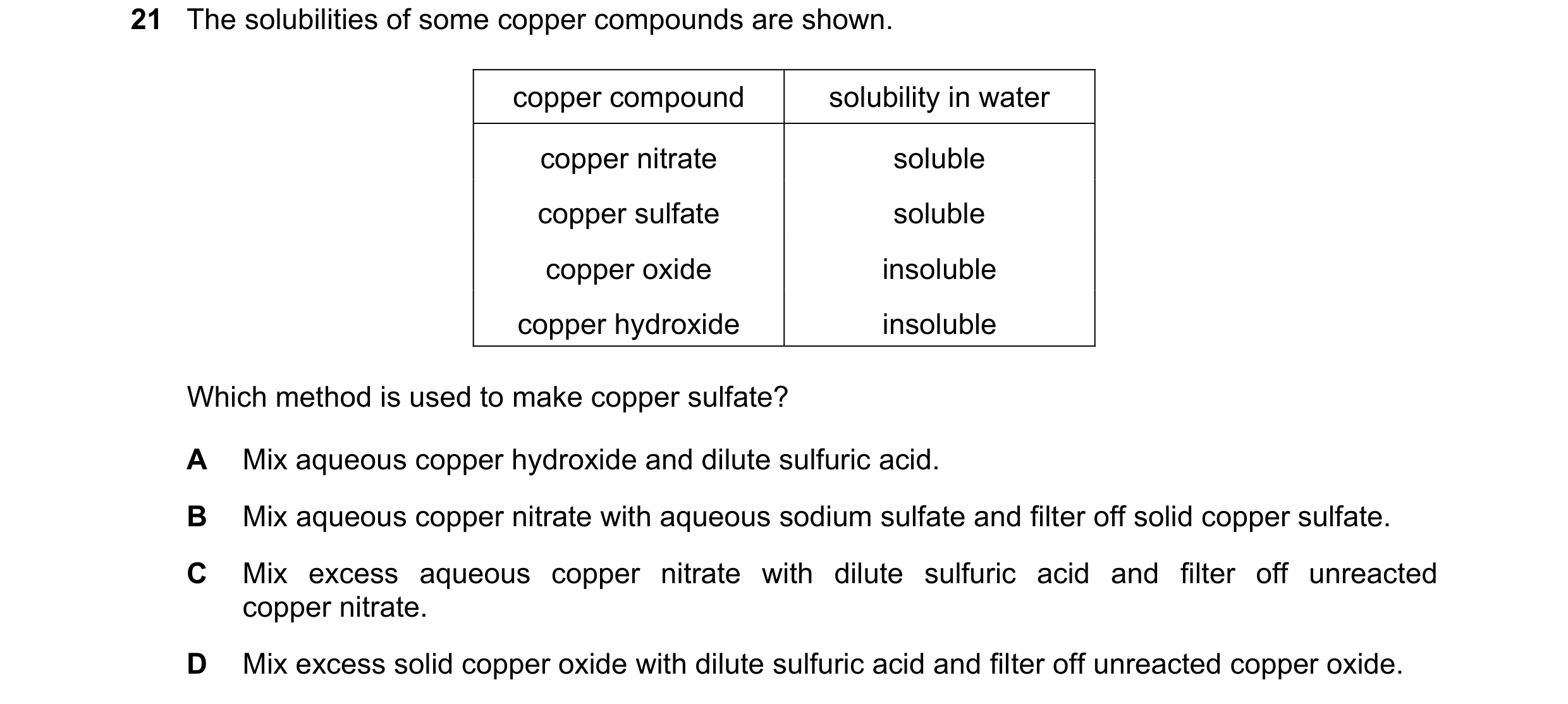 Question 17: The solubilities of some copper compounds are shown. copper compound solubility in water copper nitrate soluble copper sulfate soluble copp…