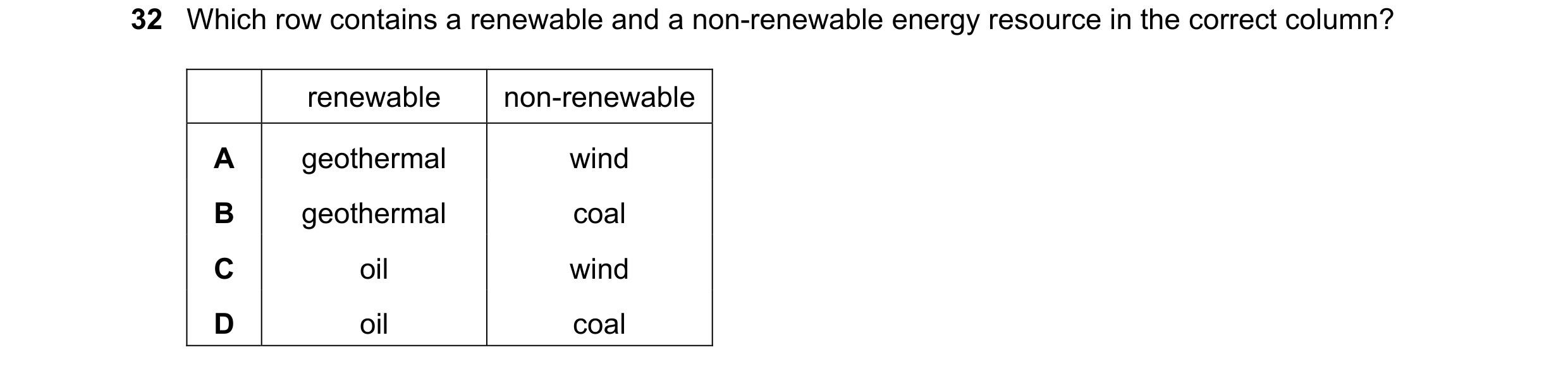 Question 50: Which row contains a renewable and a non-renewable energy resource in the correct column? renewable non-renewable A geothermal wind B geoth…