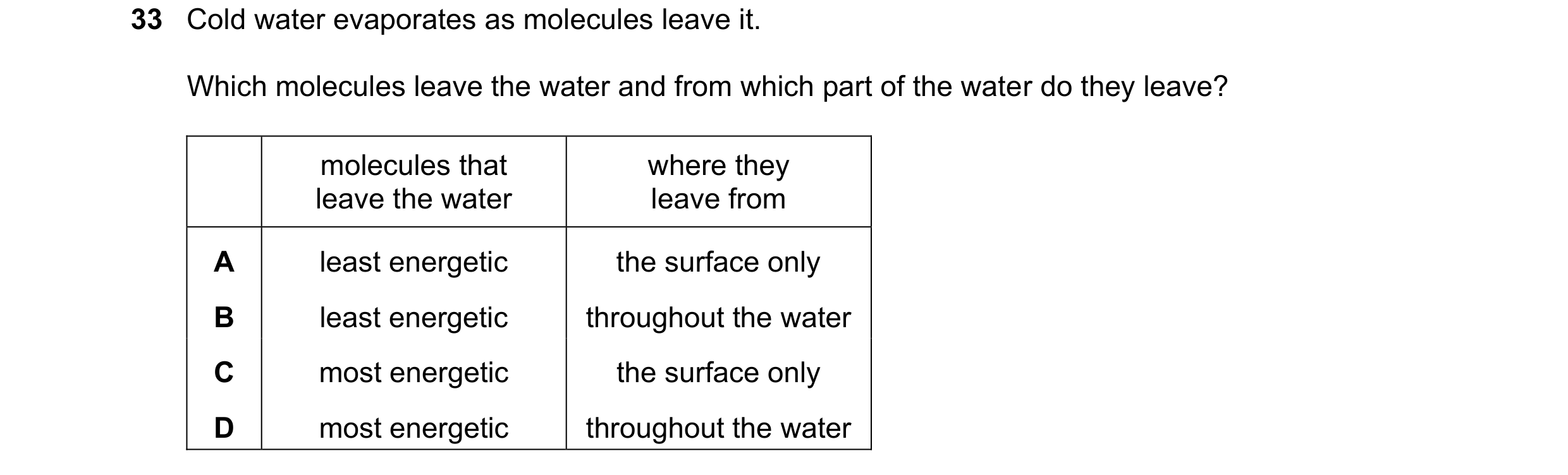 Question 30: Cold water evaporates as molecules leave it. Which molecules leave the water and from which part of the water do they leave? molecules that…