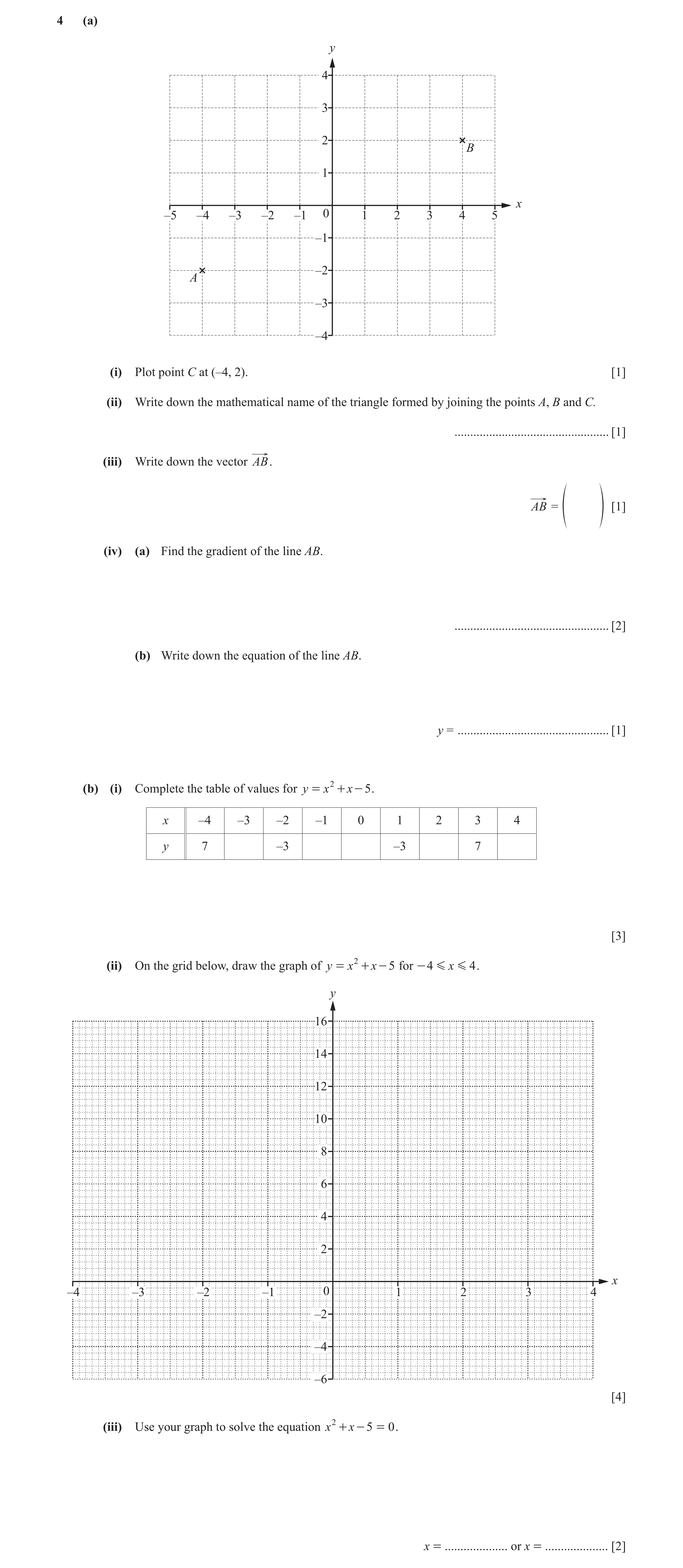 Question 16: (a) y 4 3 2 B 1 x –5 –4 –3 –2 –1 0 1 2 3 4 5 –1 –2 A –3 –4 (i) Plot point C at (–4, 2). [1] (ii) Write down the mathematical name of the tr…