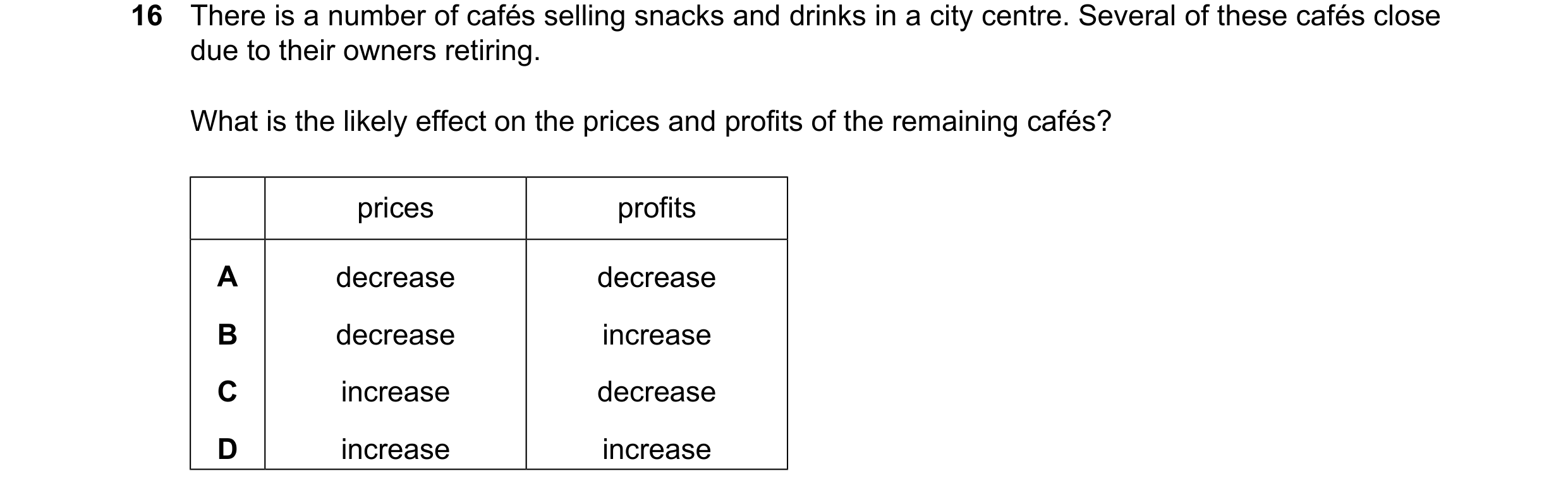 Question 81: There is a number of cafés selling snacks and drinks in a city centre. Several of these cafés close due to their owners retiring. What is t…