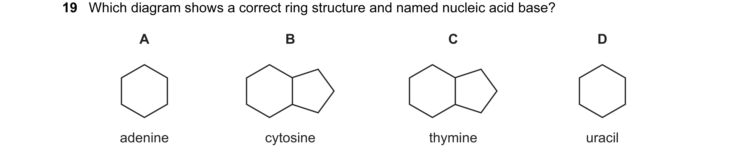Question 90: Which diagram shows a correct ring structure and named nucleic acid base? A B C D adenine cytosine thymine uracil