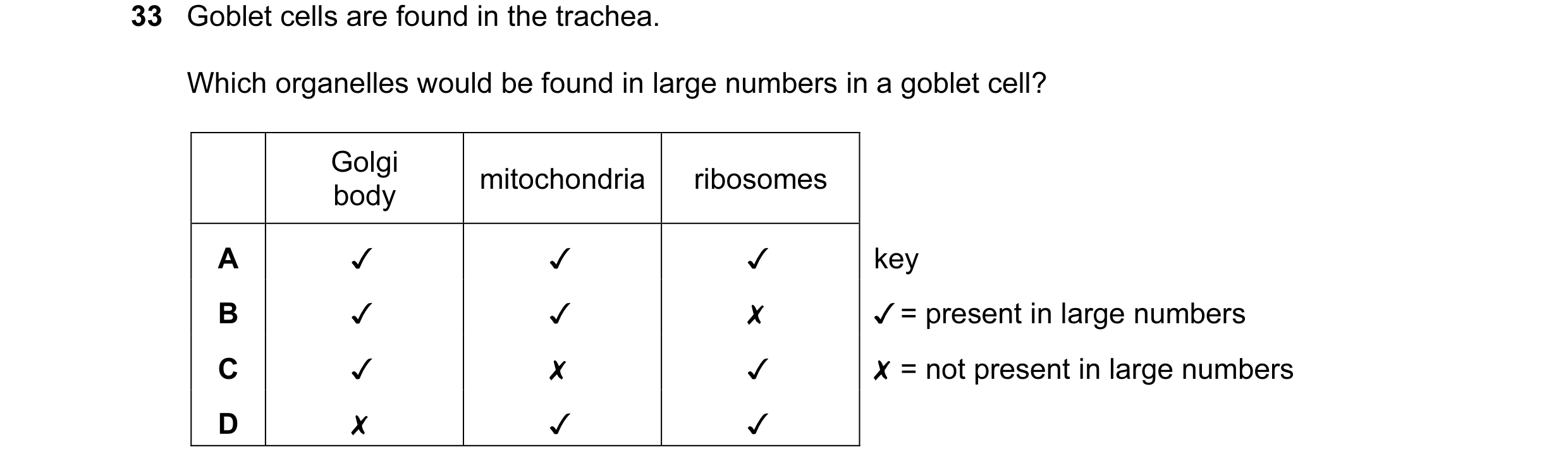 Question 152: Goblet cells are found in the trachea.

Which organelles would be found in large numbers in a goblet cell?

Golgi

mitochondria ribosomes
b…