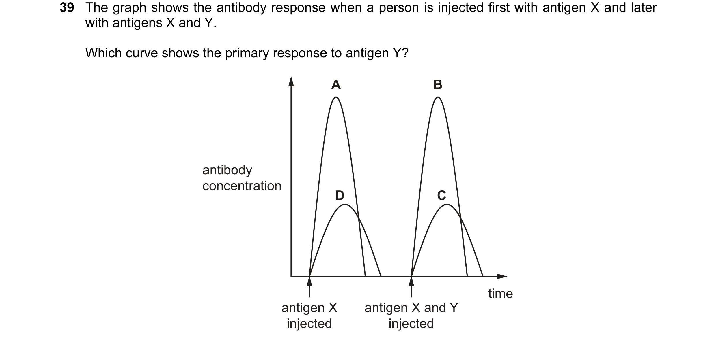 Question 62: The graph shows the antibody response when a person is injected first with antigen X and later with antigens X and Y. Which curve shows the…
