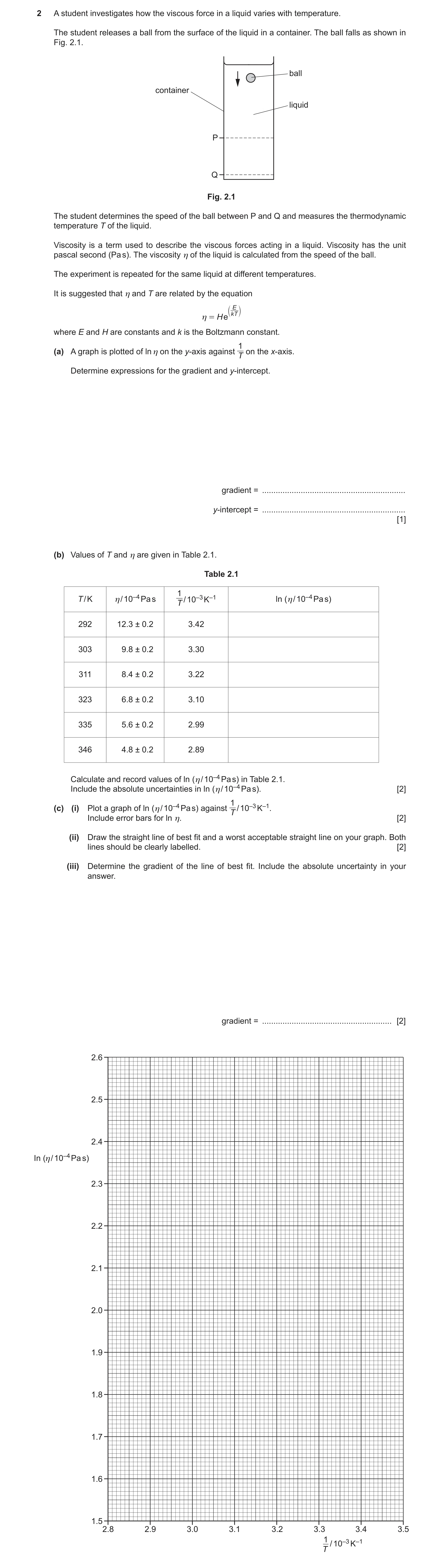 Question 46: A student investigates how the viscous force in a liquid varies with temperature. The student releases a ball from the surface of the liqui…