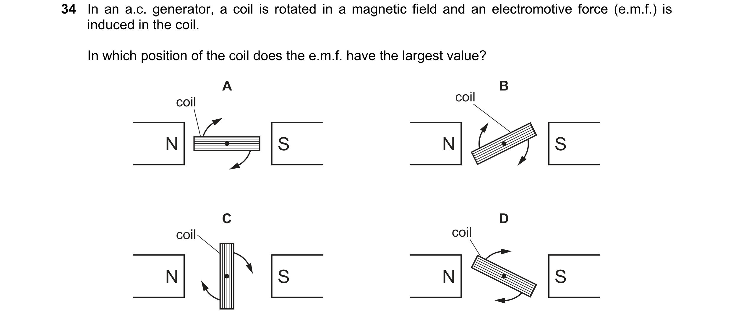 Question 39: In an a.c. generator, a coil is rotated in a magnetic field and an electromotive force (e.m.f.) is induced in the coil. In which position o…