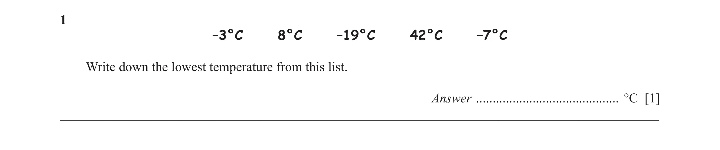 Question 13: –3°C 8°C –19°C 42°C –7°C Write down the lowest temperature from this list. Answer ........................................... °C [1] ______…