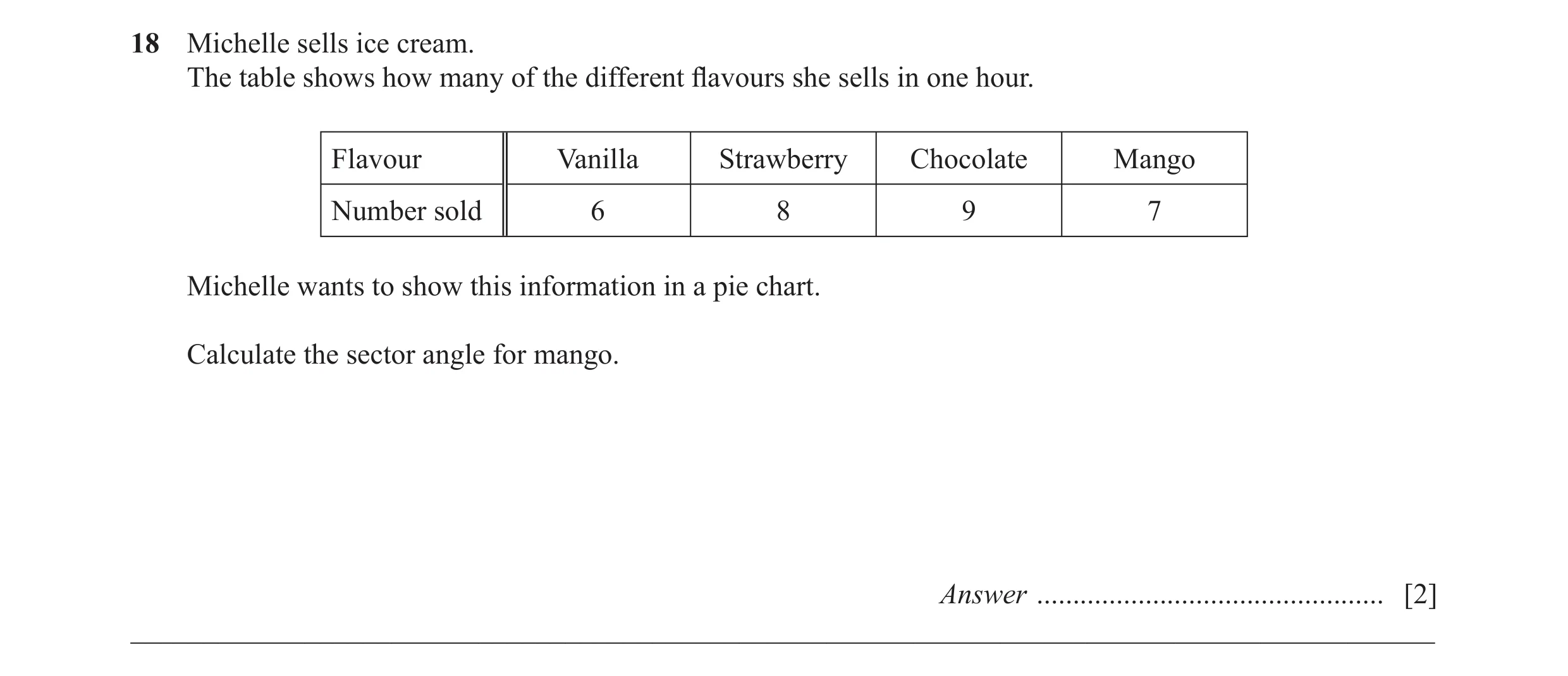 Question 7: Michelle sells ice cream. The table shows how many of the different ﬂ avours she sells in one hour. Flavour Vanilla Strawberry Chocolate Ma…